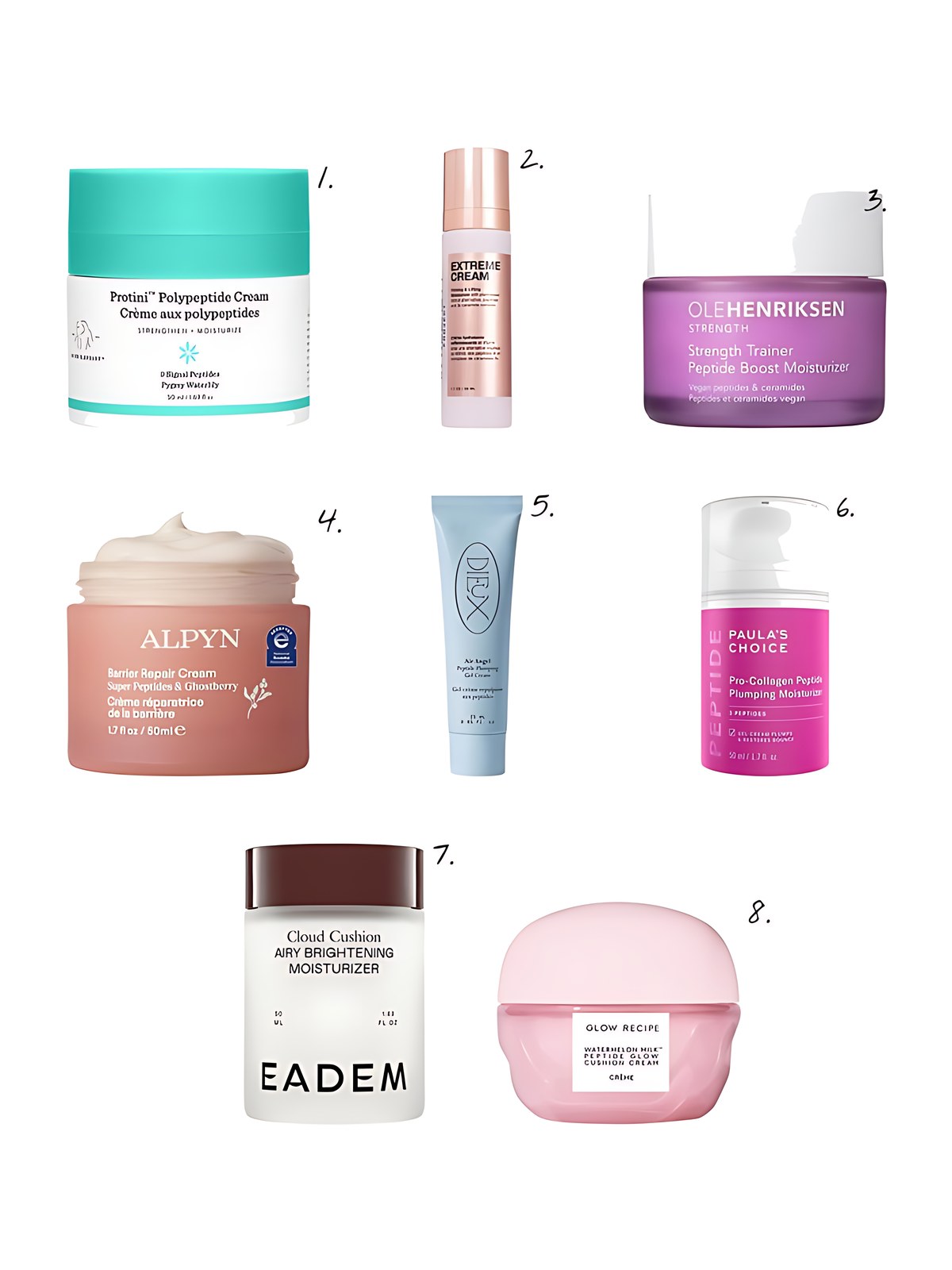 Numbered collage: 1. Drunk Elephant Protini Polypeptide Firming Refillable Moisturizer with Peptides; 2. INNBEAUTY PROJECT Extreme Cream Firming & Barrier Repair Anti-Aging Refillable Moisturizer with Peptides + Ceramides; 3. OLEHENRIKSEN Strength Peptide Barrier Boost Moisturizer with Hyaluronic Acid and Niacinamide; 4. ALPYN Super Peptide Barrier Repair Moisturizer for Eczema, Wrinkles, Firming & Sensitive Skin; 5. Dieux Air Angel Peptide Plumping Gel Cream; 6. Paula's Choice Pro-Collagen Peptide Plumping Gel-Cream Moisturizer; 7. EADEM Cloud Cushion Dewy Plumping Moisturizer — Ceramide & Peptide-Rich for Supple, Radiant Skin; 8. Glow Recipe Watermelon Milk Peptide Cushion Cream Refillable Moisturizer for Dry Skin & Barrier Support