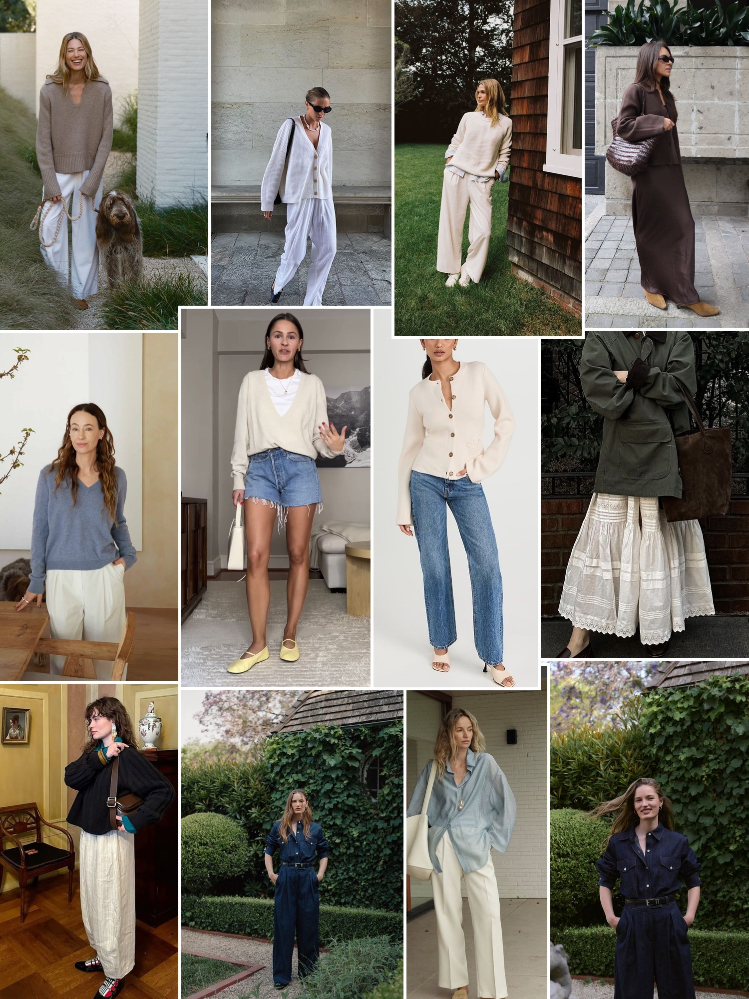 Collage of relaxed neutral knits, soft sweaters and everyday outfits in calm natural settings.