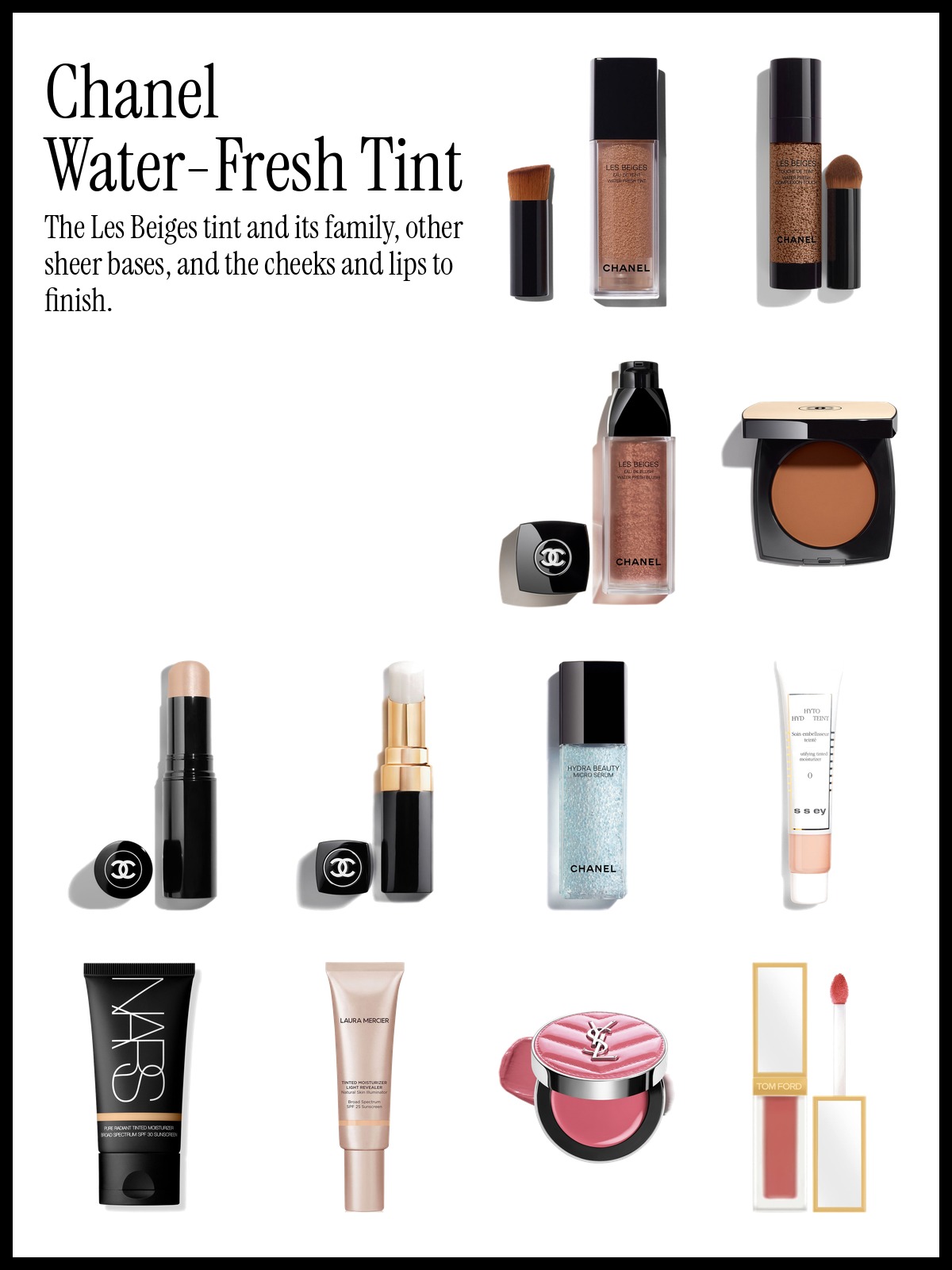 Collage of Chanel Les Beiges Water-Fresh Tint, Chanel Baume Essentiel Multi-Use Glow Stick and Sisley Paris Phyto-Hydra Teint, with other Chanel makeup and skin tints.