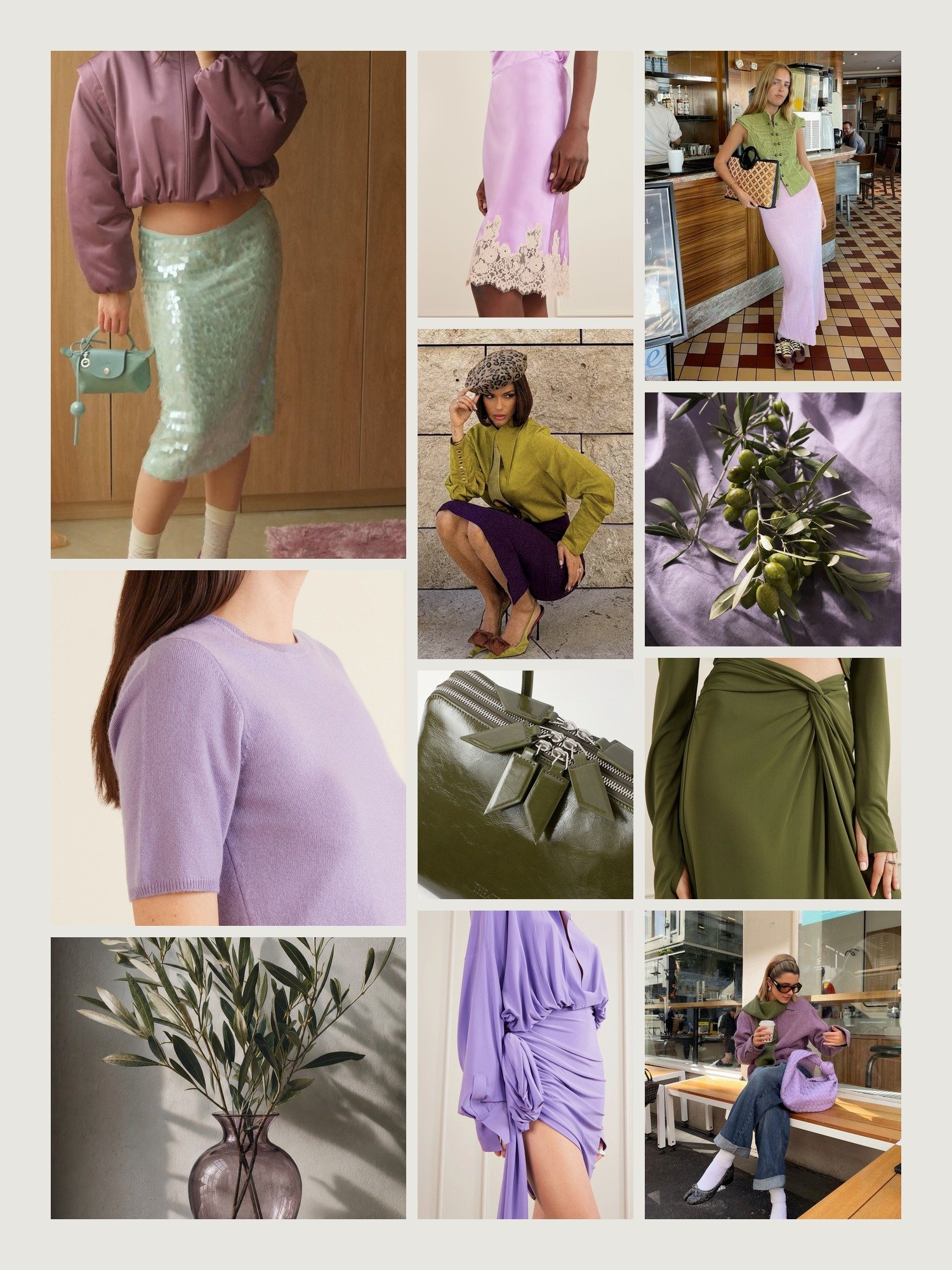 Mood board for lilac and olive green outfits: four street-style photos of women wearing lilac and olive green, close-ups of the Allude cashmere sweater, the Dôen midi skirt, The Attico shoulder bag, the Norma Kamali mini dress and the Violante Nessi midi skirt from this edit, and two still lifes in both colors