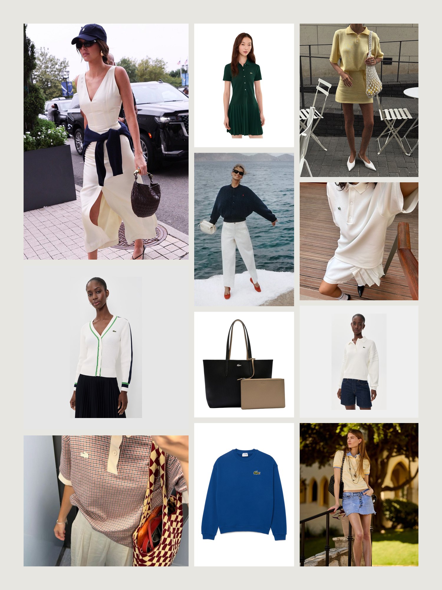 A Riviera mood board with a polo dress, a cardigan with green trim, a reversible tote, a blue sweatshirt and polo outfits by the sea