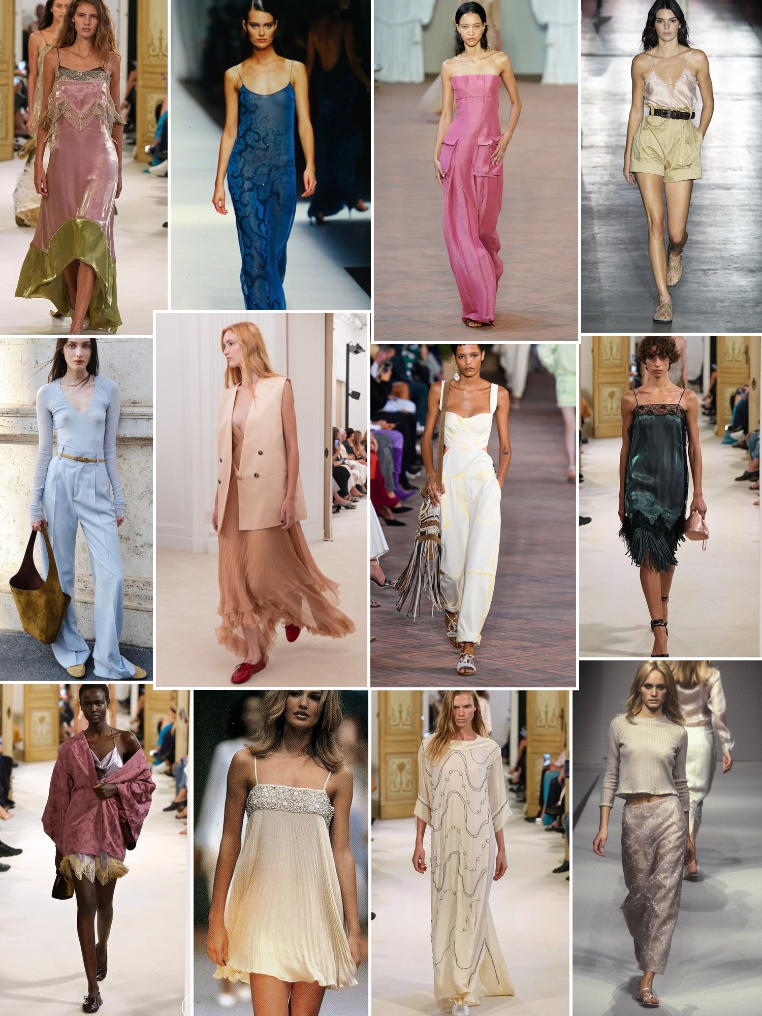 Collage of soft Italian inspired fashion with flowing dresses, tailoring, prints and relaxed street looks