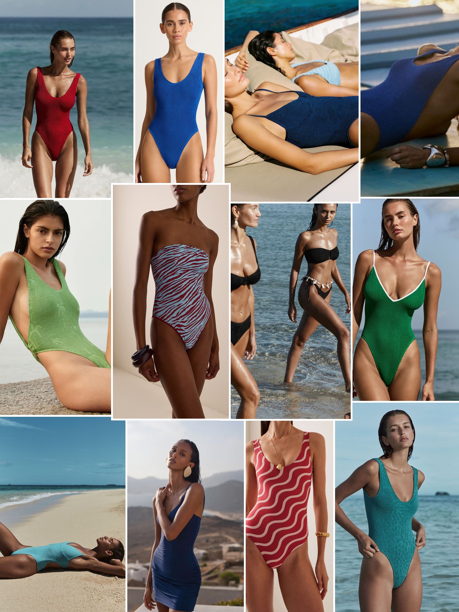 Collage of swimwear on sunlit beaches and by the water, in the spirit of Bond-Eye