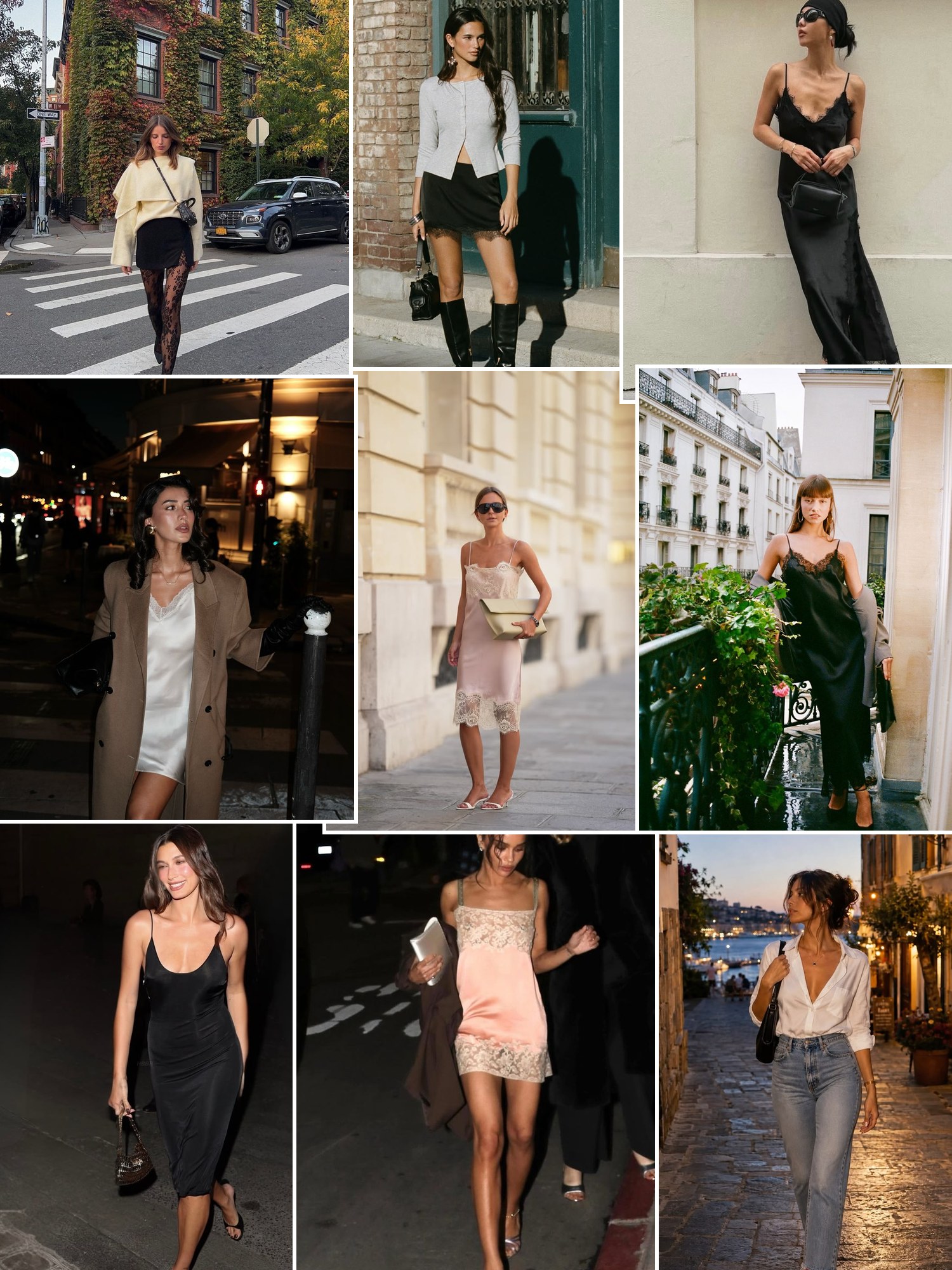 Collage of parisian night out outfits with small bags and tights