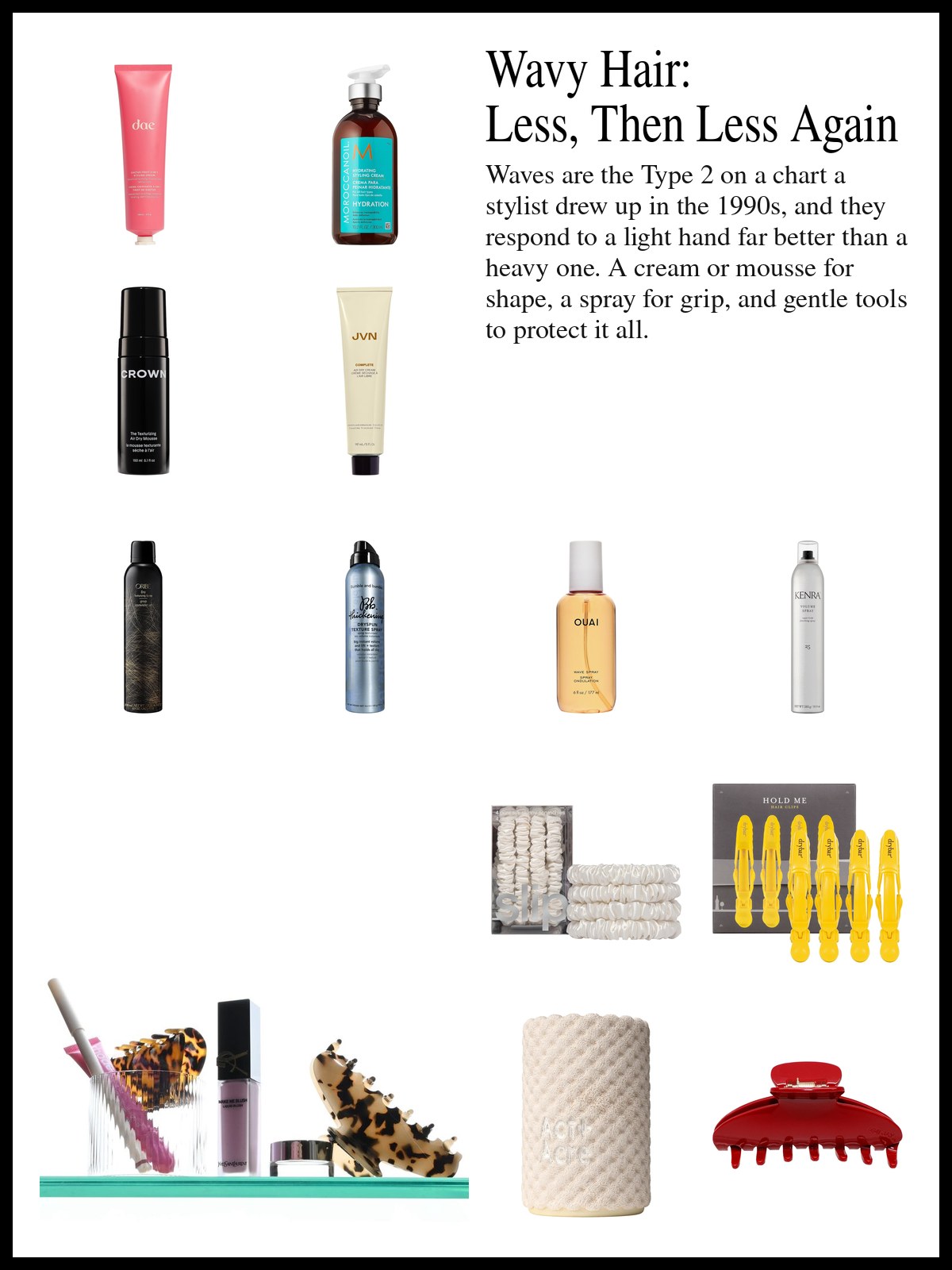 Collage of styling creams, mousses, texture sprays and hair accessories beside a photo of tortoiseshell claw clips and a pink blush bottle on a teal glass shelf against a white wall.