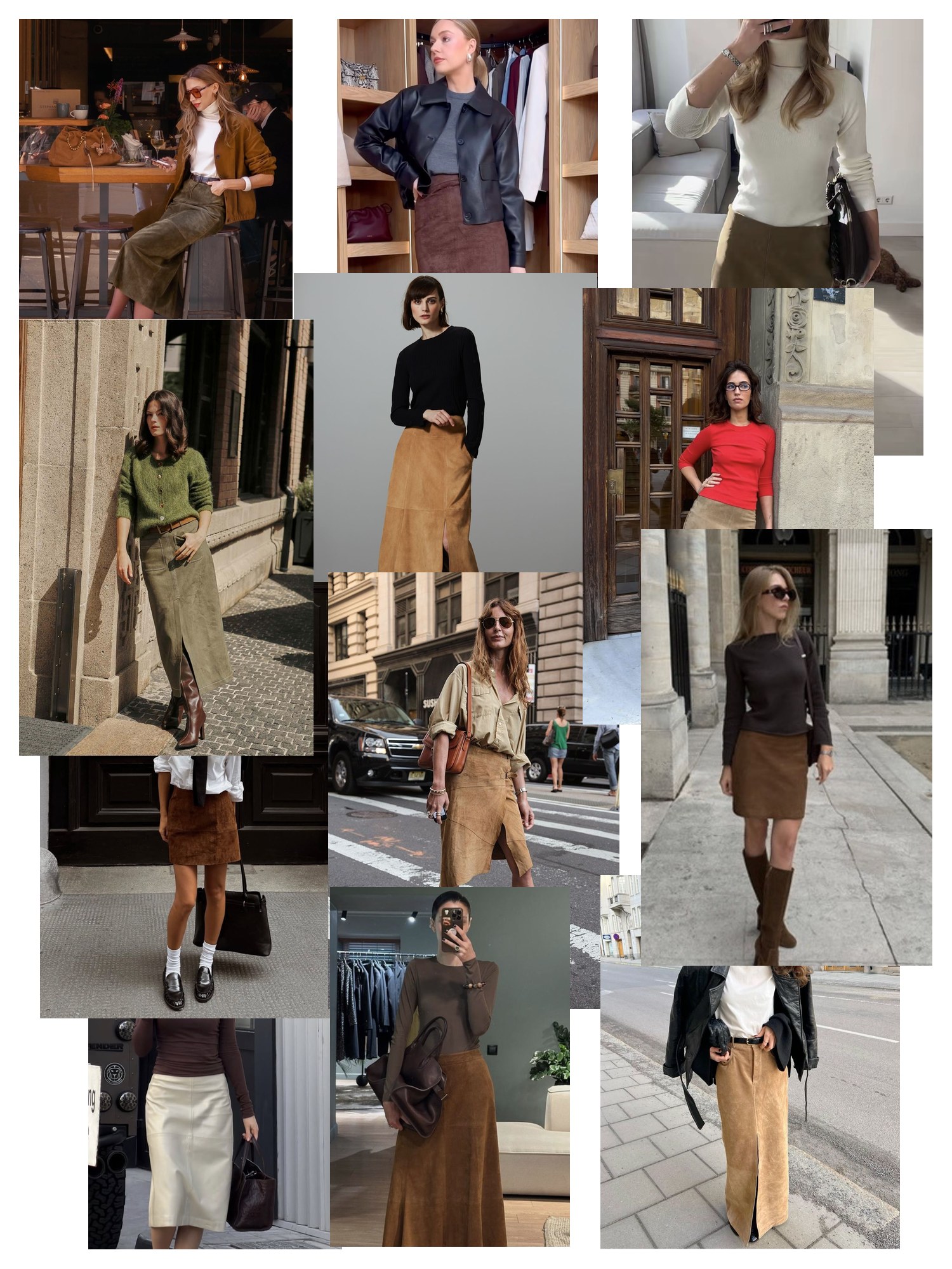 Collage of twelve street-style and editorial photos featuring Suede Skirt, scattered and overlapping