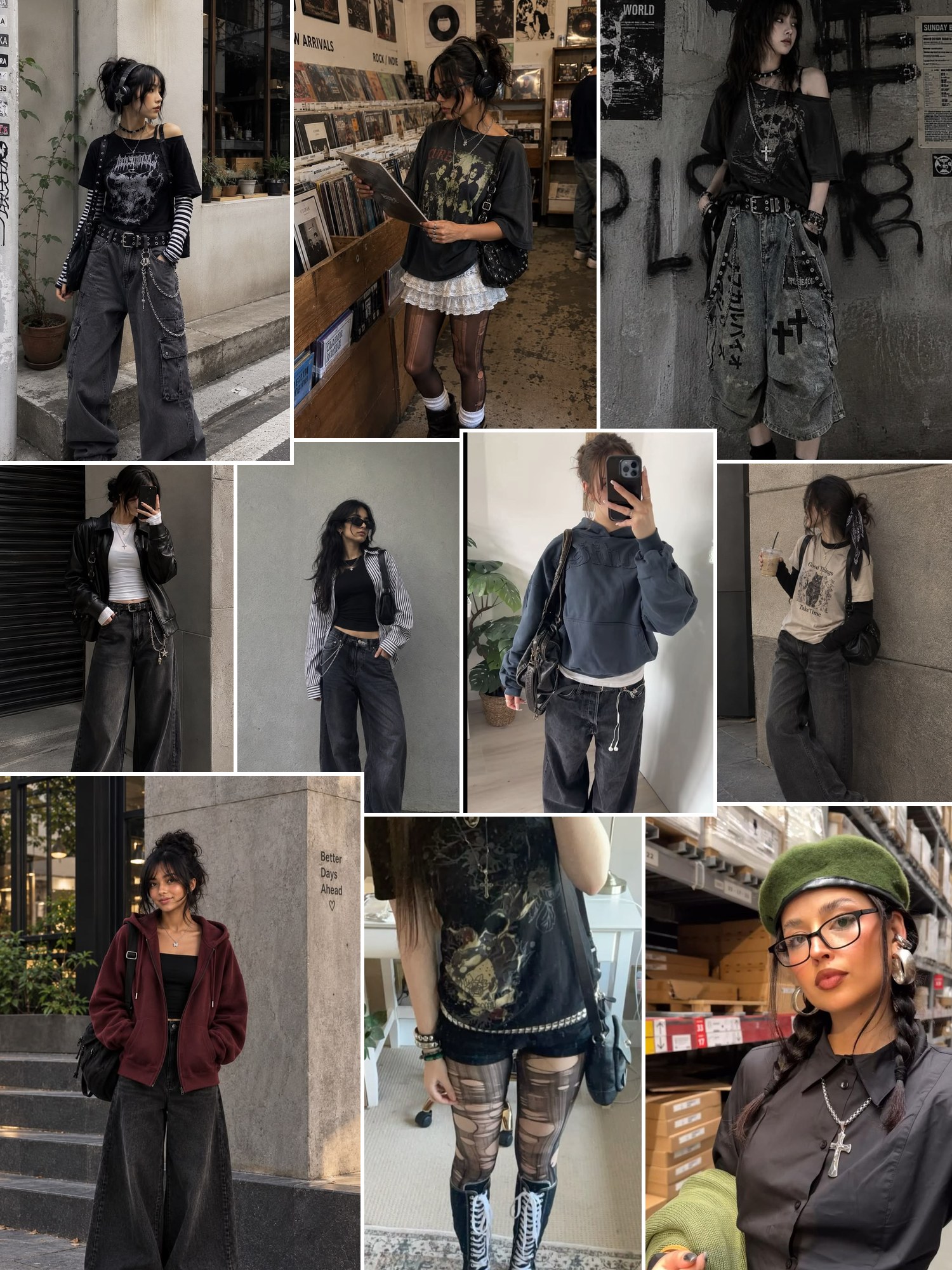Street style collage of alt girl outfits in black