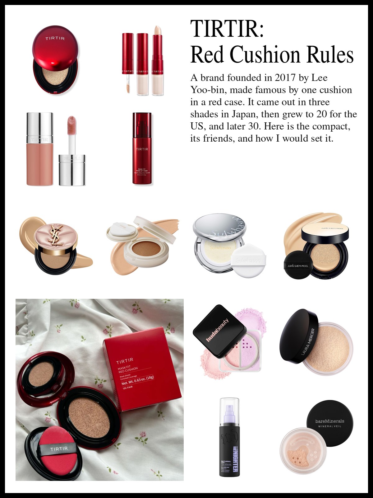 Collage of a red cushion compact, concealer, lip oil, cushions, setting powders and setting sprays beside a bright beauty flat lay and a mood photo of TIRTIR red cushion compacts on floral bedding.