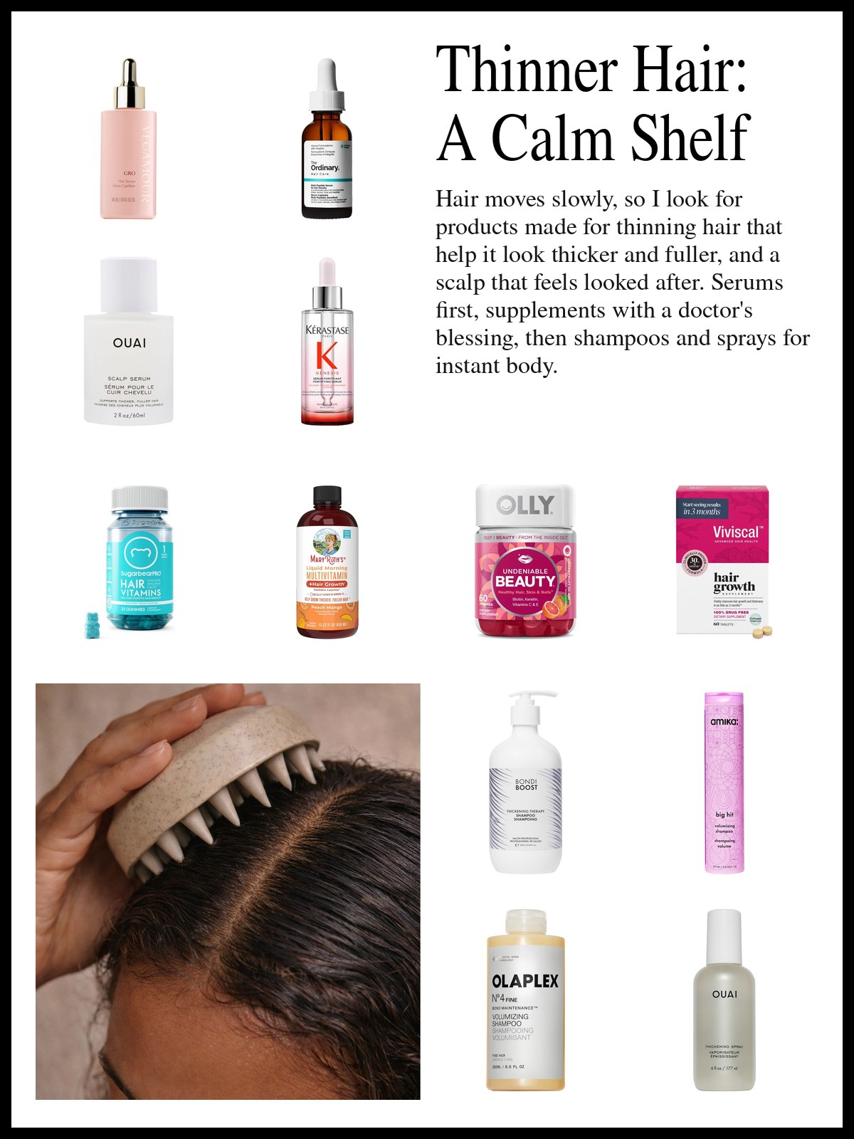Collage of scalp serums, hair supplements, thickening shampoos and a volume spray and a mood photo of a scalp massager working along a center part.