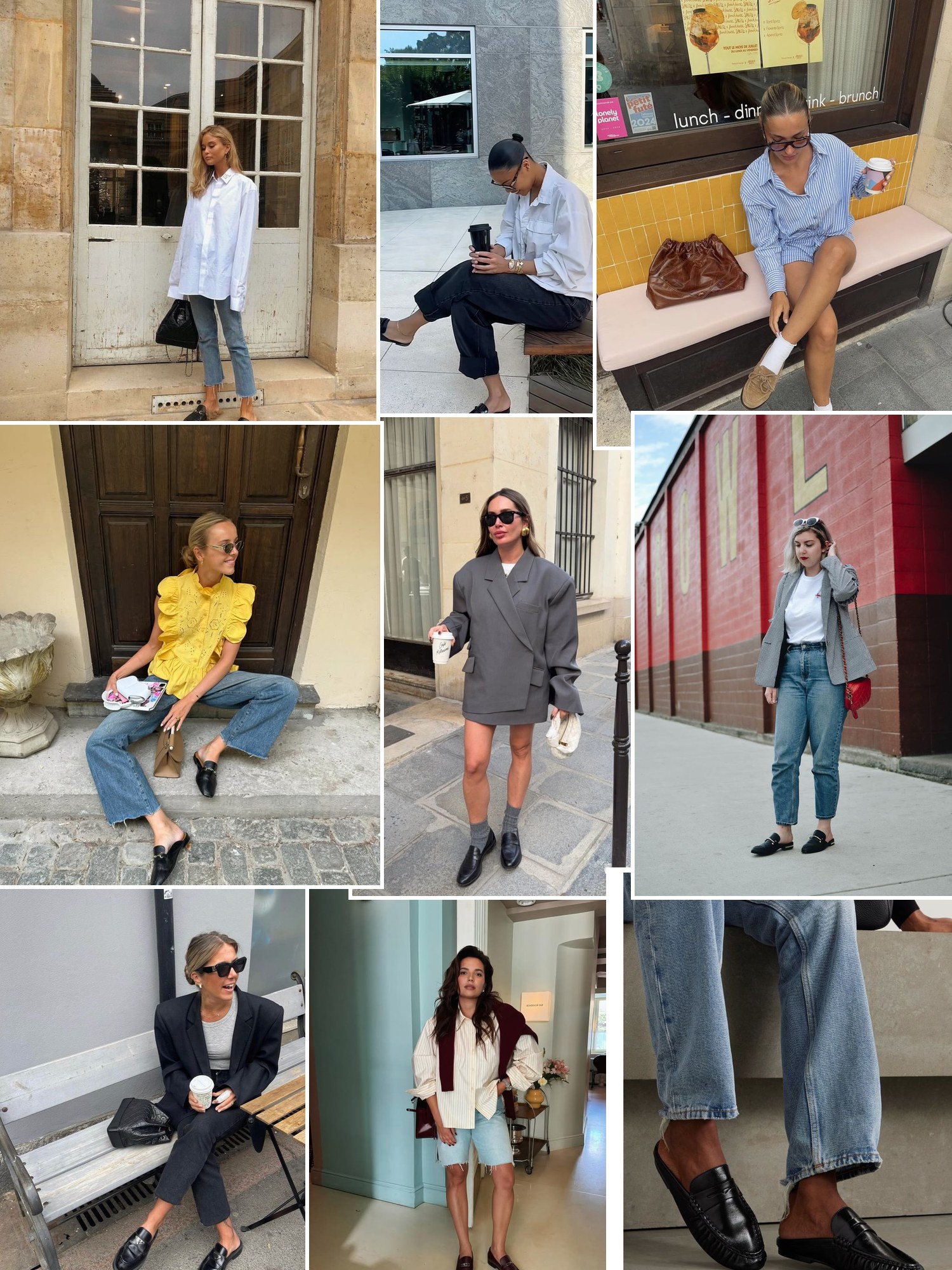 Collage of horsebit-style loafer mules and similar looks