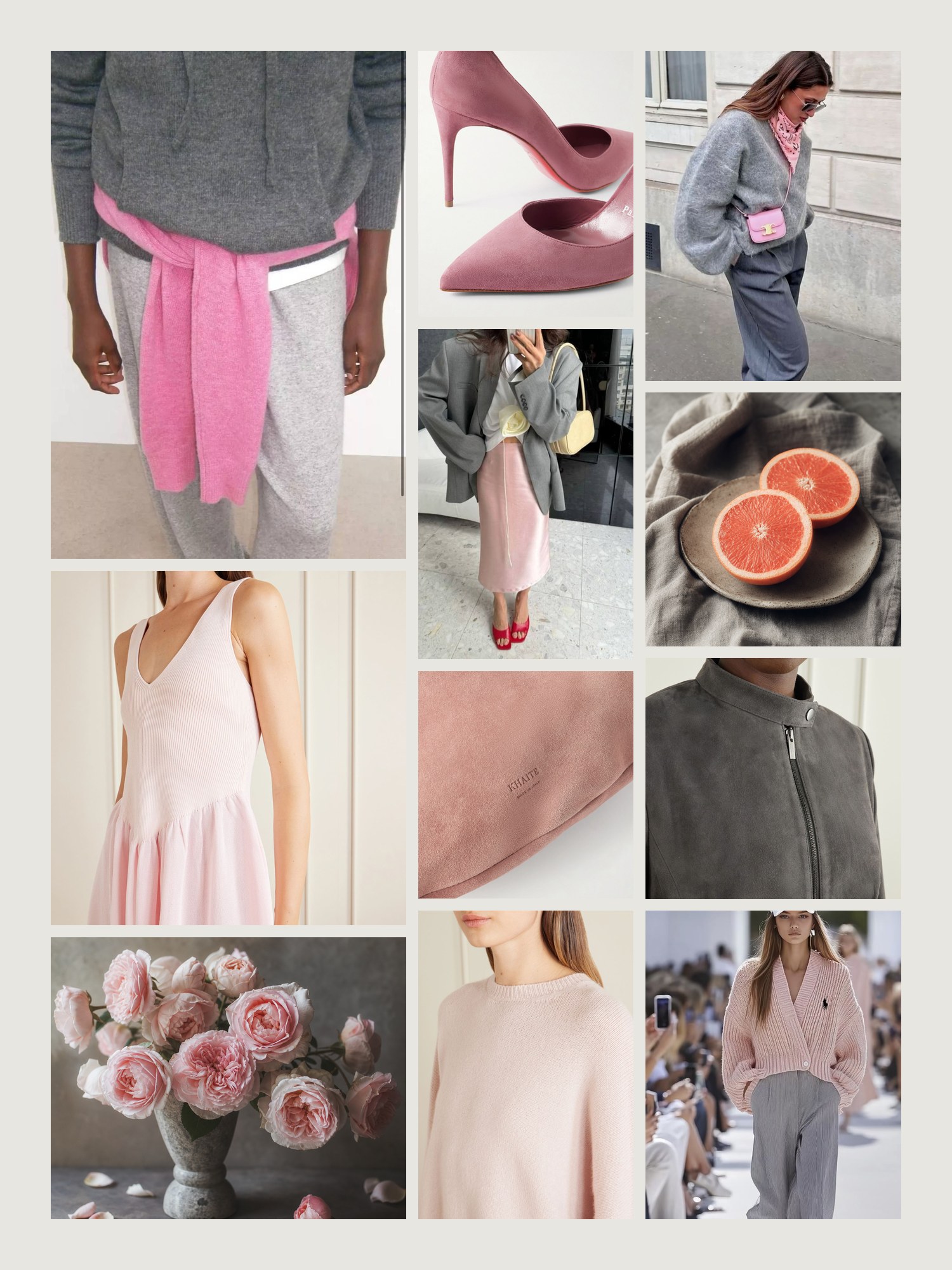 Mood board for pink and gray outfits: four street-style photos of women wearing pink and gray, close-ups of the Khaite top-handle bag, the Christian Louboutin pumps, the Khaite sweater, the Altuzarra midi dress and the St. Agni jacket from this edit, and two still lifes in both colors