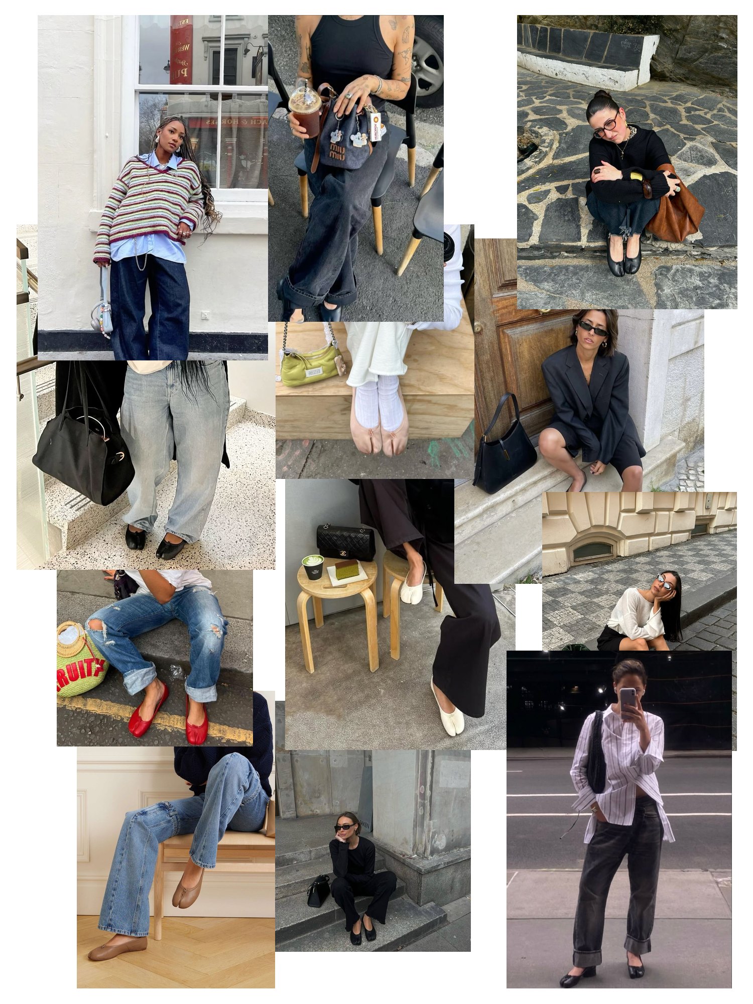 Street-style collage of 12 outfit photos featuring tabi shoes, scattered and overlapping
