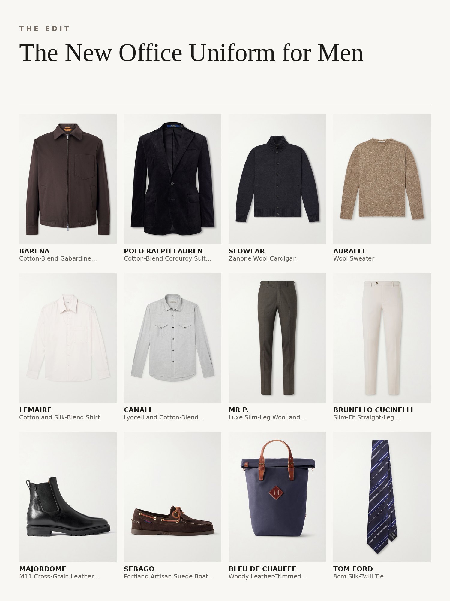 Collage of office menswear: suit jackets, knit cardigans, poplin shirts, tailored trousers, leather shoes, silk ties and a backpack