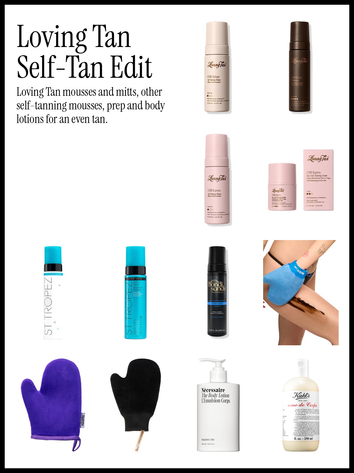 Collage of Loving Tan 8 HR Deluxe Self-Tanning Mousse, St. Tropez Self Tan Classic Bronzing Mousse and Msk Labs The Tanning Mitt