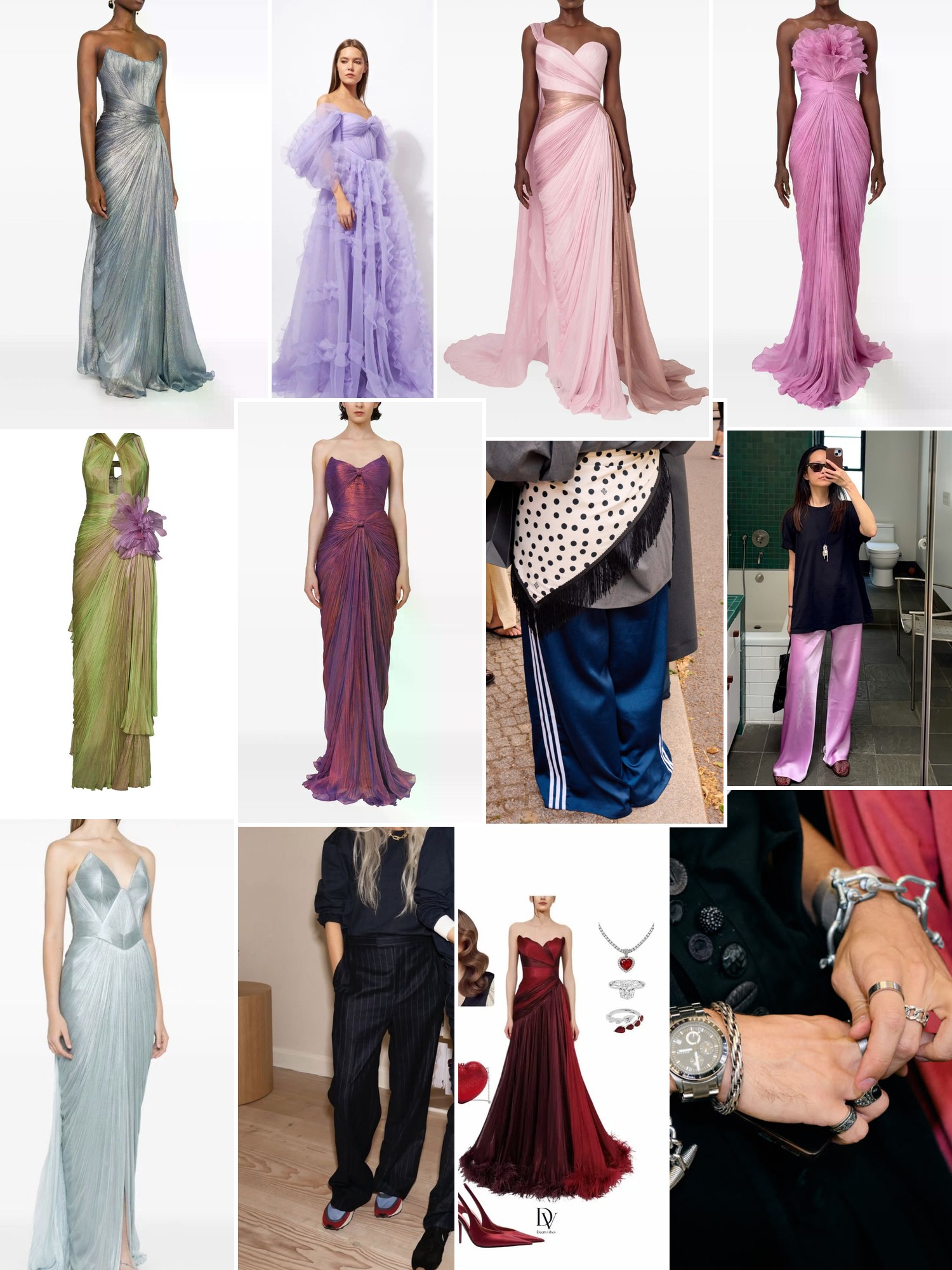 Collage of evening gowns in satin, tulle, soft pink, violet, silver, coral, and vivid red.
