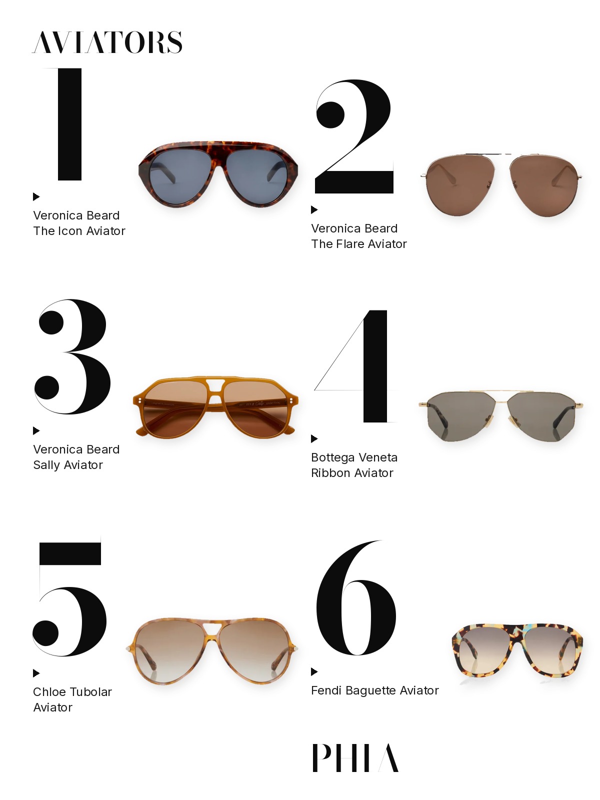Numbered collage of six aviators from this edit: Veronica Beard The Icon Aviator, Veronica Beard The Flare Aviator, Veronica Beard Sally Aviator, Bottega Veneta Ribbon Aviator, Chloe Tubolar Aviator and Fendi Baguette Aviator.