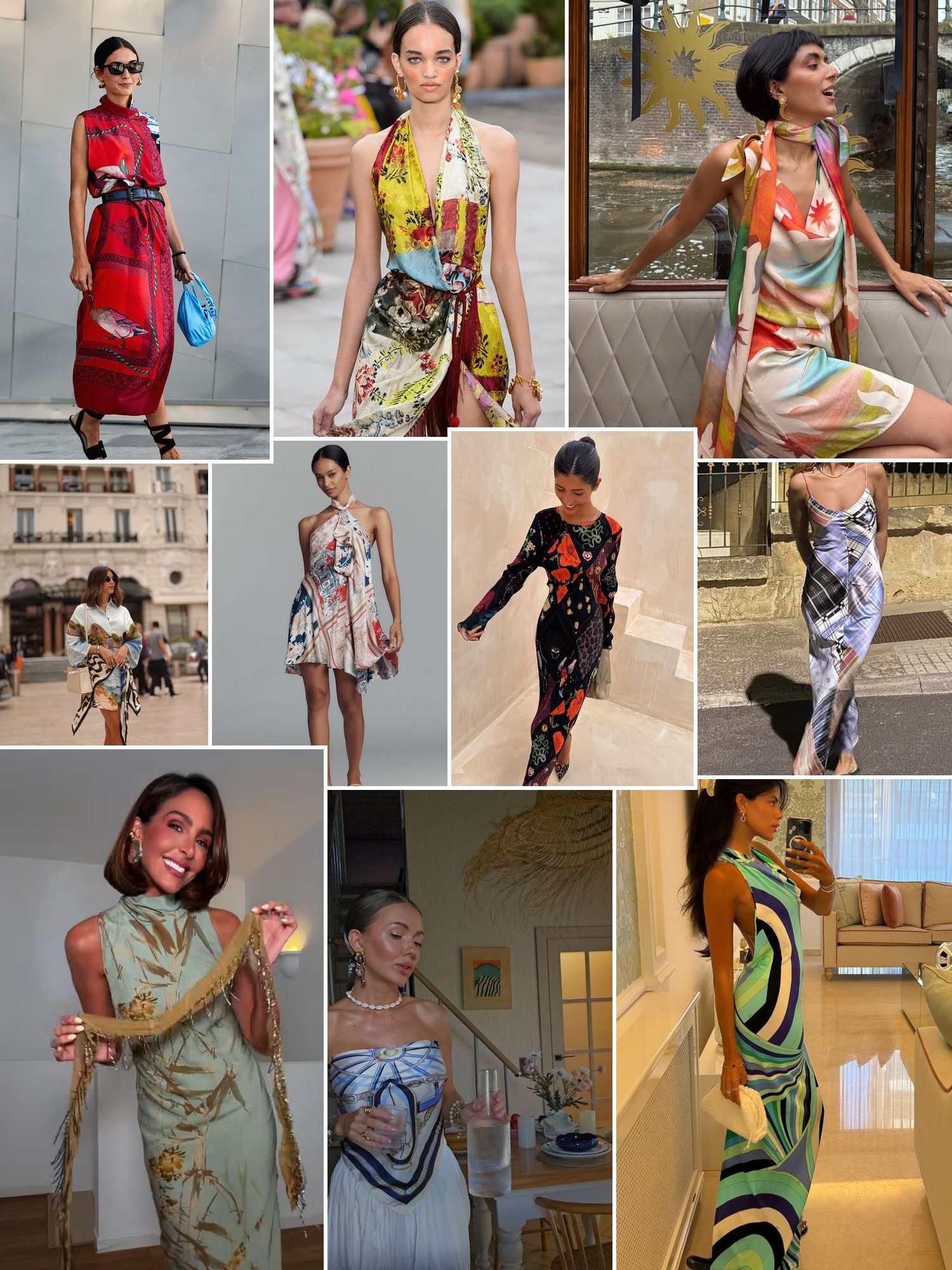 Collage of scarf-print and halter scarf dresses