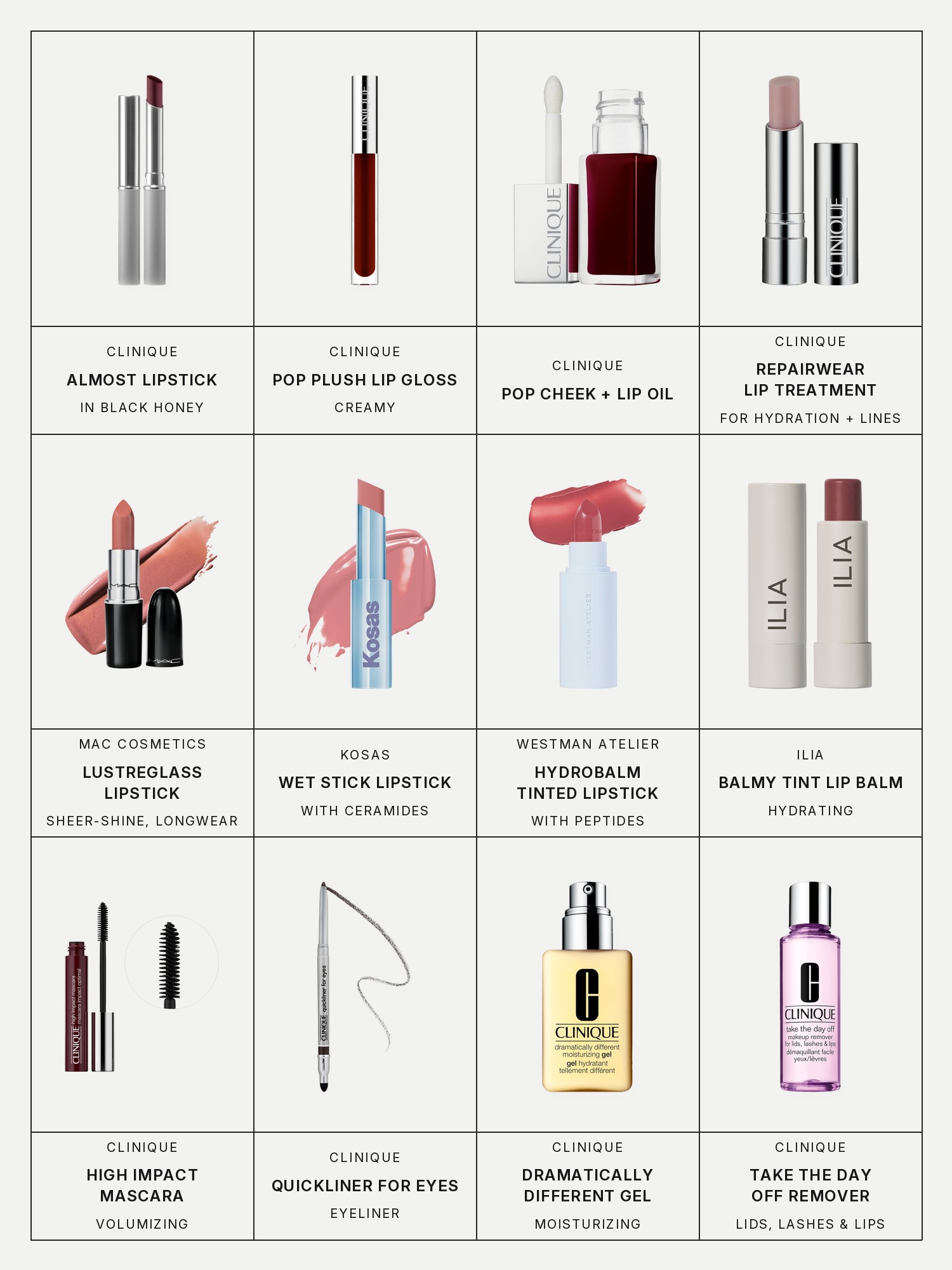 Twelve boxes on a pale grey page, one for each product in this edit, each with its brand and name printed below: Clinique Almost Lipstick in Black and Pink Honey, Clinique Pop Plush Creamy Lip Gloss, Clinique Pop Cheek + Lip Oil, Clinique Repairwear Intensive Lip Treatment for Hydration + Lines, MAC Cosmetics Lustreglass Sheer-Shine Hydrating Longwear Lipstick, Kosas Wet Stick Moisturizing Shiny Sheer Lipstick with Ceramides, Westman Atelier HydroBalm Sheer Tinted Lipstick with Peptides and Hyaluronic Acid, Ilia Balmy Tint Hydrating Lip Balm, Clinique High Impact Volumizing Mascara, Clinique Quickliner For Eyes Eyeliner, Clinique Dramatically Different Moisturizing Gel for Skin Barrier Repair and Clinique Take The Day Off Makeup Remover For Lids, Lashes & Lips.