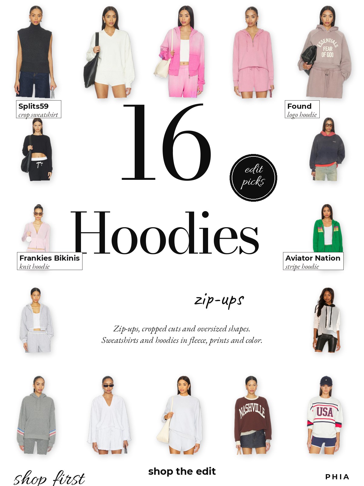 Count flat-lay featuring 16 hoodies and sweatshirts from Eterne, Lauren Moshi, Bobi, Aviator Nation and Beach Riot.