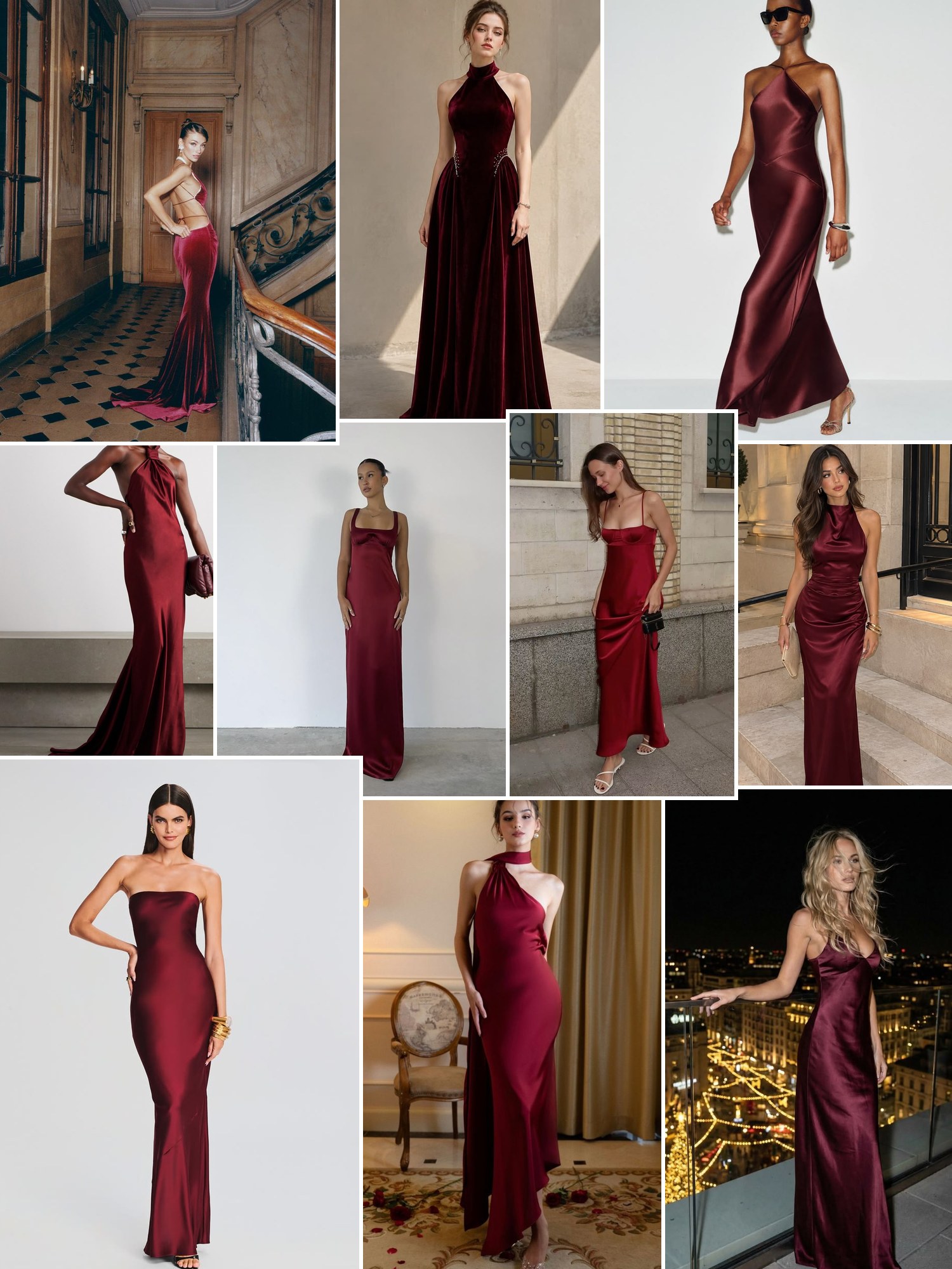 Collage of everyday outfits built around burgundy formal dresses