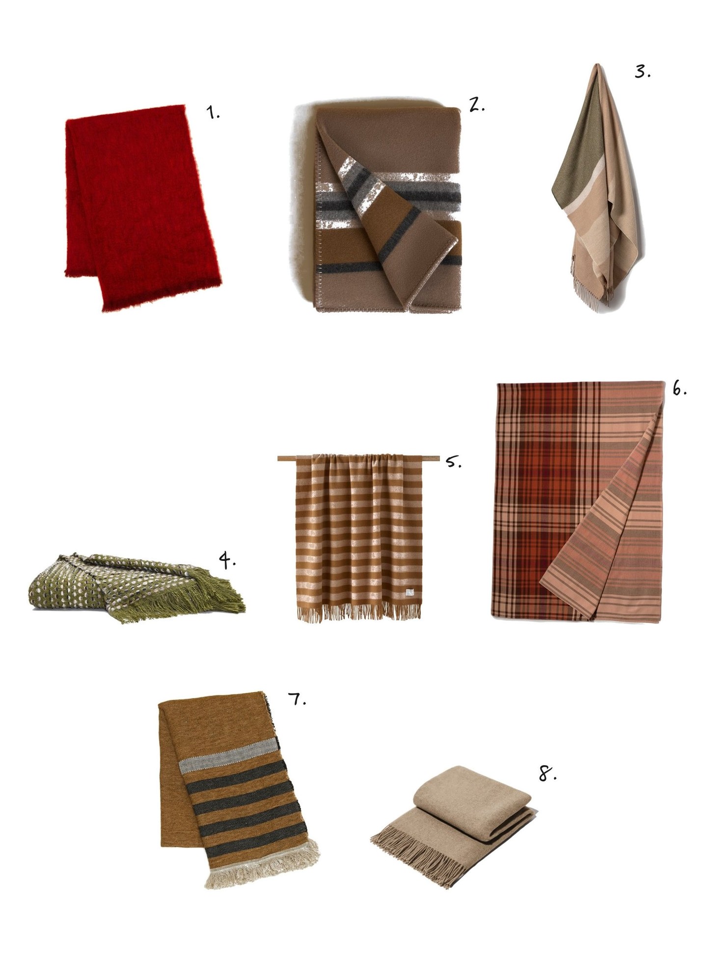Numbered collage: 1. Mantas Ezcaray Solid Mohair Throw in Red; 2. Jenni Kayne Canyon Throw; 3. Graf Lantz Haus Alpaca Blanket; 4. Brooklinen Prism Alpaca Throw; 5. Lulu and Georgia Ezrah Striped Wool Throw; 6. Studio Ford Toledo Throw; 7. Libeco Nairobi Fouta Throw; 8. Snowe Merino Wool Fringed Throw