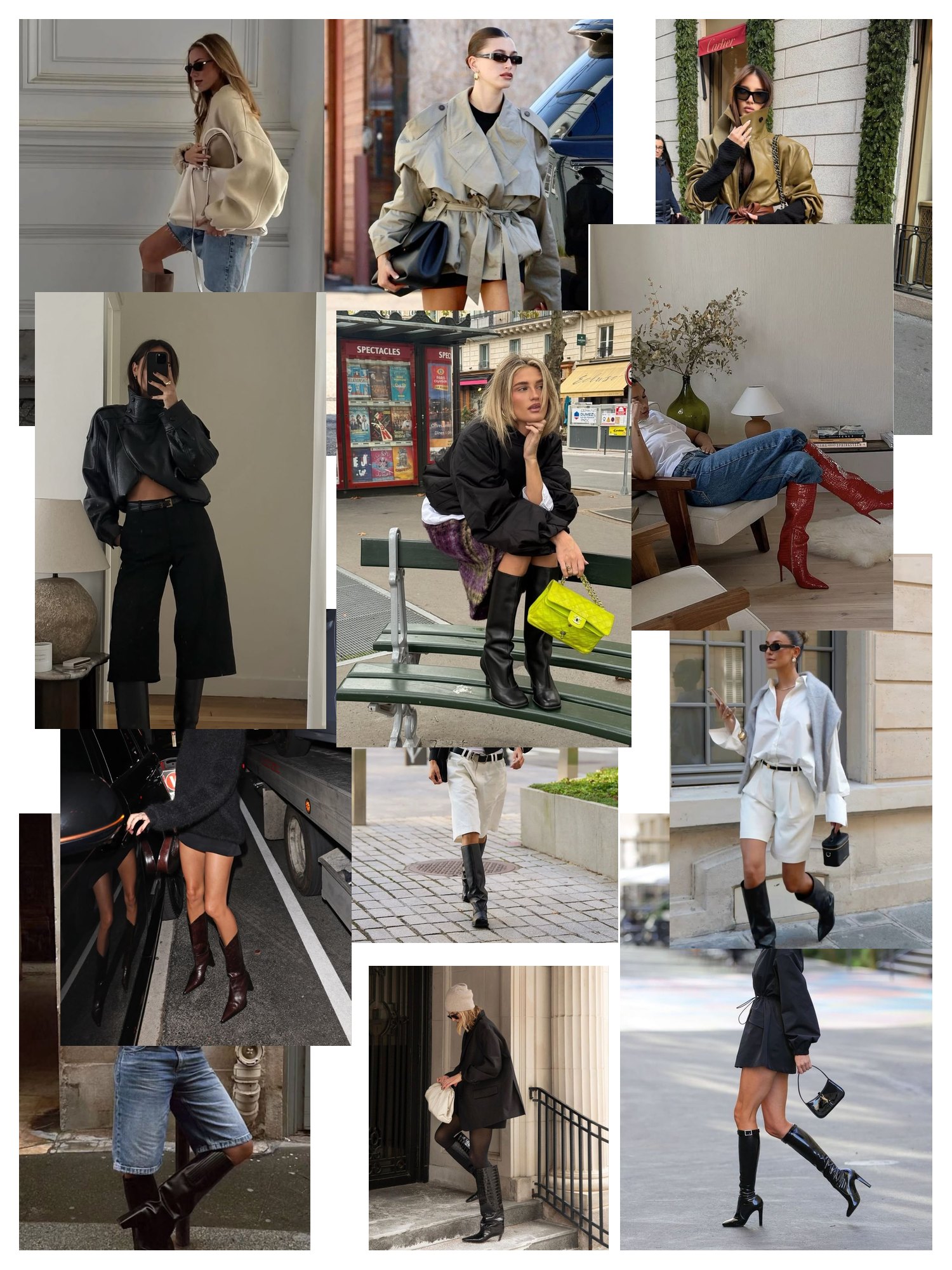 Street-style collage of 12 outfit photos featuring knee high boots, scattered and overlapping