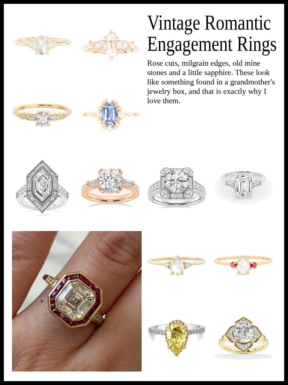 Collage of vintage romantic engagement rings with rose cuts, old mine stones and Art Deco settings, beside a close up of an Art Deco ring with a ruby halo.