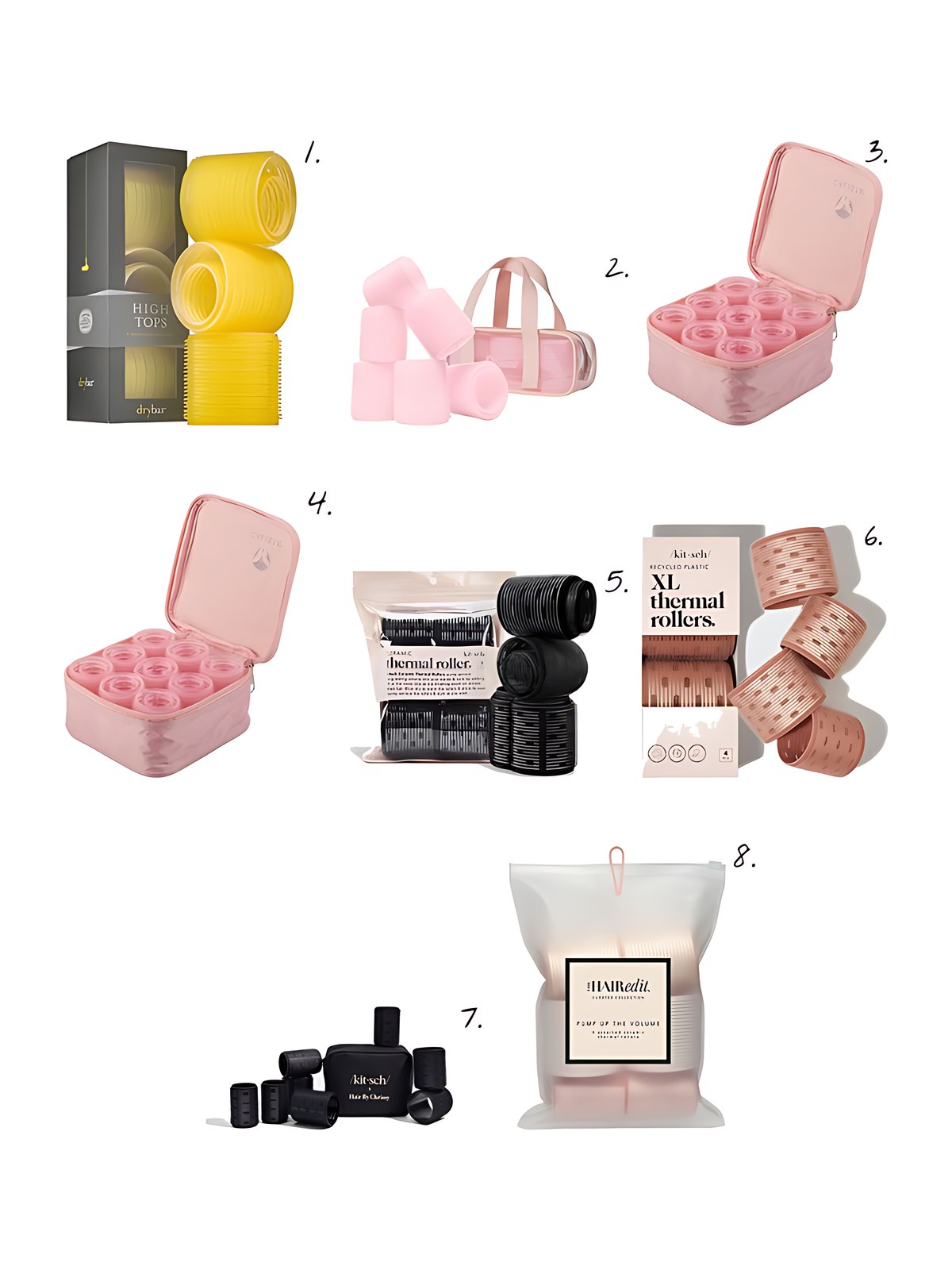 Numbered collage: 1. Drybar High Tops Self-Grip Rollers; 2. Mane Roll and Scroll Self-Grip Rollers; 3. Calista Volumizing Soft-Grip Rollers; 4. Calista Volumizing Soft-Grip Rollers - Short; 5. Kitsch Ceramic Thermal Rollers 8pc Set; 6. Kitsch XL Thermal Rollers 4pc Set; 7. Kitsch Hair By Chrissy x Kitsch Ceramic Thermal Rollers 8pc Set; 8. The Hair Edit Ceramic Thermal Rollers
