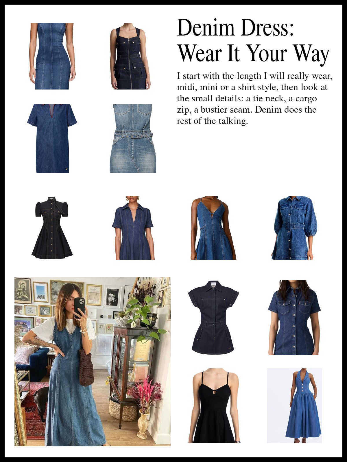 Collage of long denim midi and maxi dresses, short denim minis with ruffles and bubble sleeves, and denim shirt, halter and bustier styles, and a mood photo of a woman in a long denim slip at home.