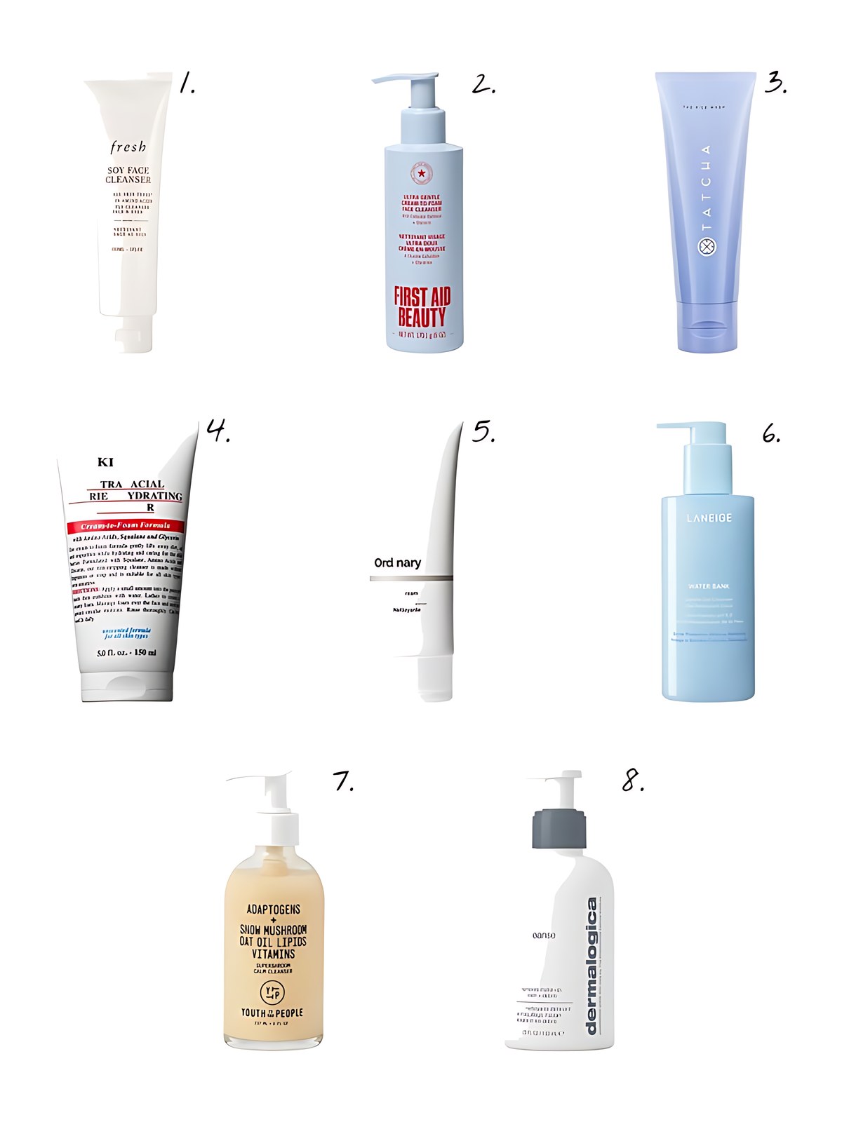 Numbered collage: 1. fresh Soy Hydrating Gentle Face Cleanser; 2. First Aid Beauty Ultra Gentle Pure Skin Cream-to-Foam Face Cleanser with Colloidal Oatmeal + Glycerin; 3. Tatcha The Rice Wash Skin-Softening Cleanser; 4. Kiehl's Since 1851 Ultra Facial Barrier-Hydrating Cleanser; 5. The Ordinary Glycolipid Cream Cleanser for Dry Skin and Makeup Removal; 6. LANEIGE Water Bank Gentle Gel Cleanser with Hyaluronic Acid; 7. Youth To The People Adaptogens + Snow Mushroom + Oat Oil Lipids + Vitamins Supershroom Calm Cleanser; 8. Dermalogica PreCleanse Cleansing Oil with Plant Based Ingredients for Double Cleansing, Waterproof Makeup & SPF Removal | Double Cleanse Step 1