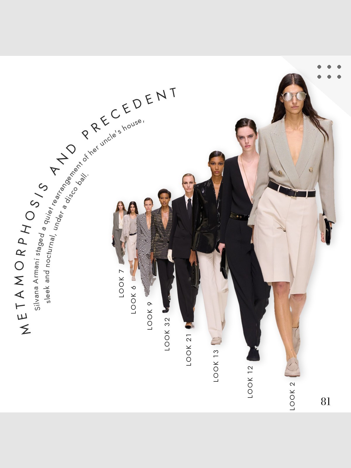 Collage: Giorgio Armani Spring 2027 runway looks in a perspective line