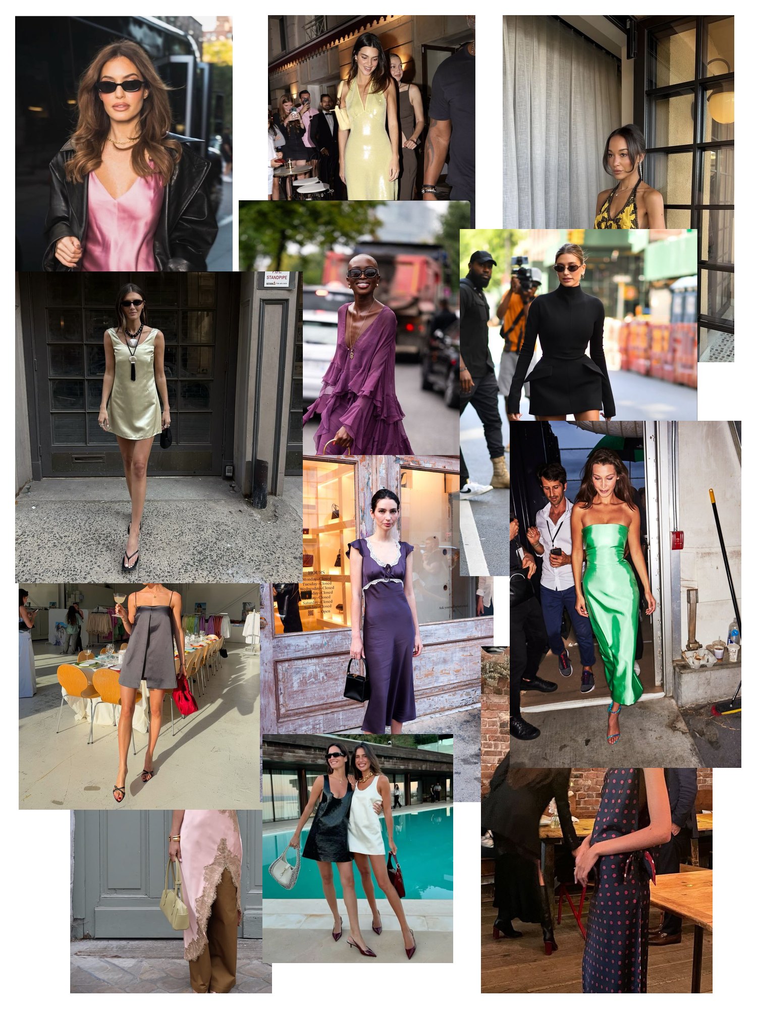 Street-style collage of 12 outfit photos featuring cocktail dress, scattered and overlapping