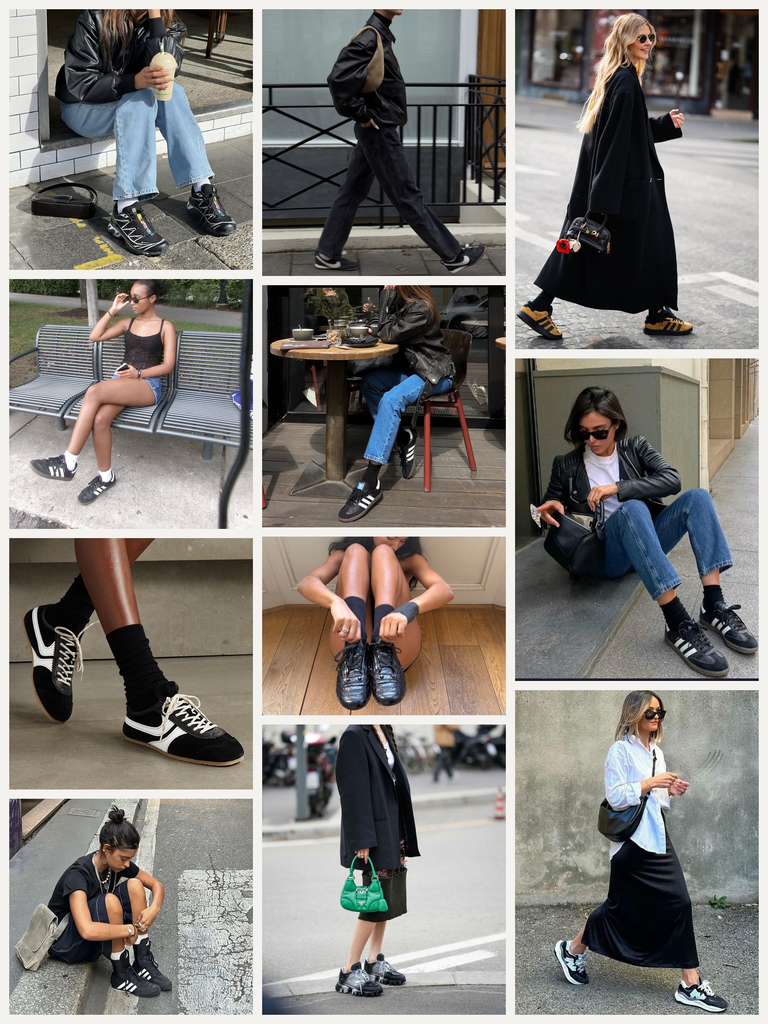 Street style mood board of black sneakers worn with jeans, long coats, skirts and shorts
