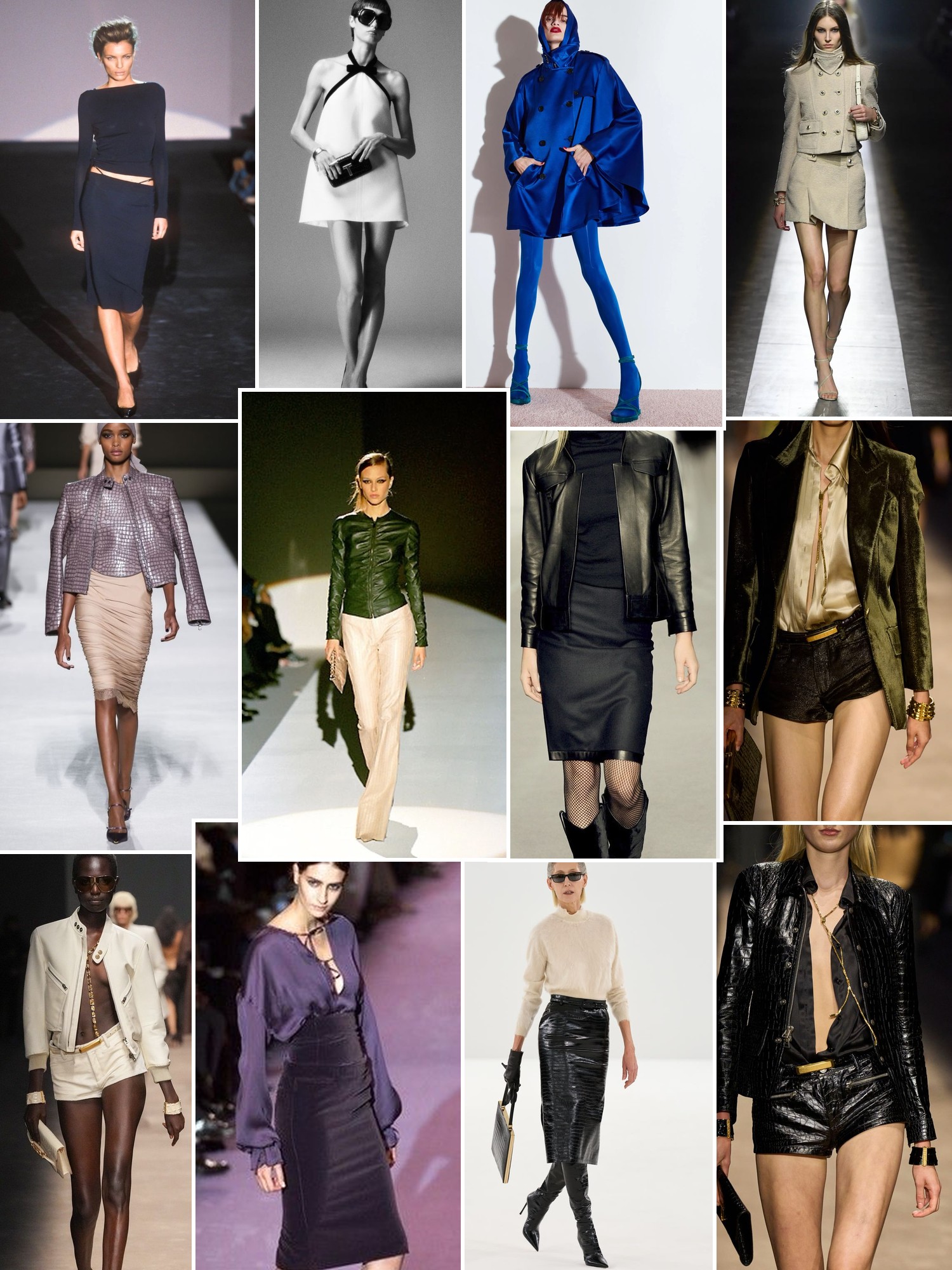 Collage of runway looks, campaign shots and street style outfits that capture the Tom Ford mood