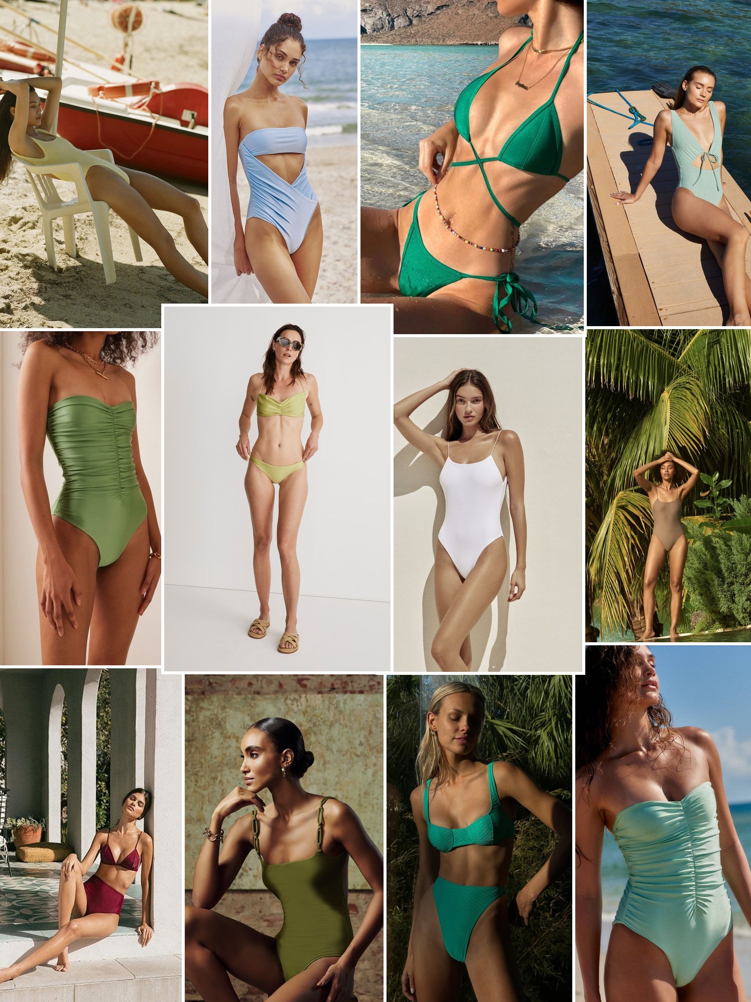 Collage of swimwear on sunlit beaches and by the water, in the spirit of JADE SWIM
