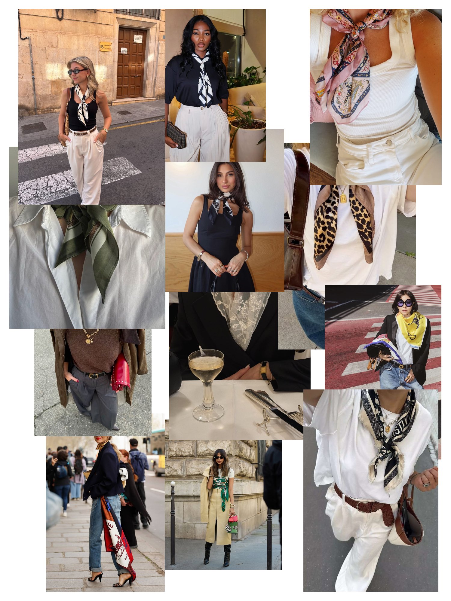 Street-style collage of 12 outfit photos featuring scarf, scattered and overlapping