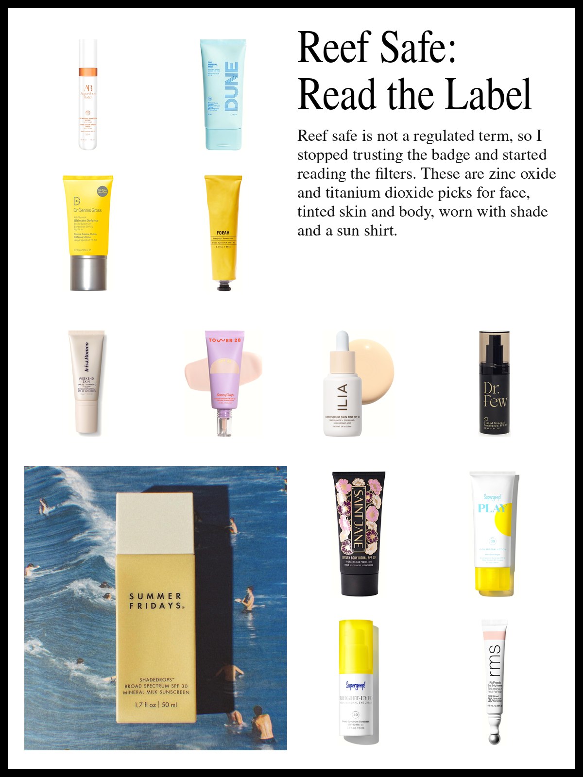 Collage of mineral face sunscreens, tinted sunscreens and skin tints, and body, eye and stick sunscreens, and a mood photo of a bottle of mineral milk sunscreen held over a crowded summer sea.