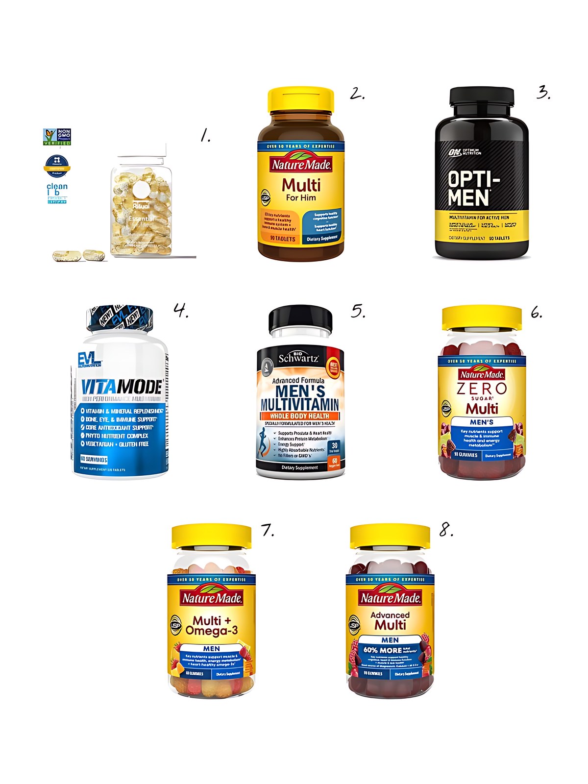 Numbered collage: 1. Ritual Essential for Men Multivitamin 18+; 2. Nature Made Men's Multivitamin Tablets; 3. Optimum Nutrition Opti-Men, Vitamin C, Zinc and Vitamin D, E, B12 for Immune Support Mens Daily Multivitamin Supplement, 90 Count; 4. EVL Advanced Daily Multivitamin for Men - Men's Multivitamin with Essential Minerals and Active Mens Vitamins for Energy; 5. BioSchwartz Men's Multivitamins, Bioschwartz, 60ct; 6. Nature Made Zero Sugar Men's Multivitamin Gummies; 7. Nature Made Men's Multi + Omega-3 Gummies; 8. Nature Made Men's Advanced Multivitamin Gummies