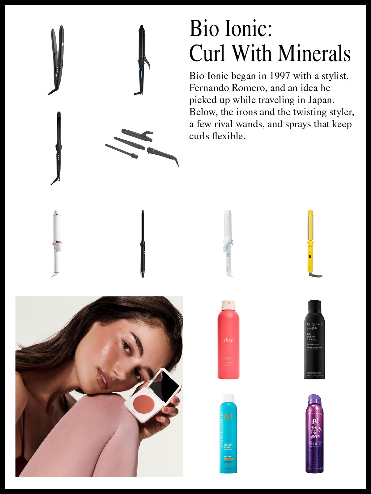 Collage of curling irons, waving wands and hairsprays beside a photo of a woman with glossy skin and smooth brown hair resting her cheek on her knee, holding a compact of terracotta blush, in pale pink tights.