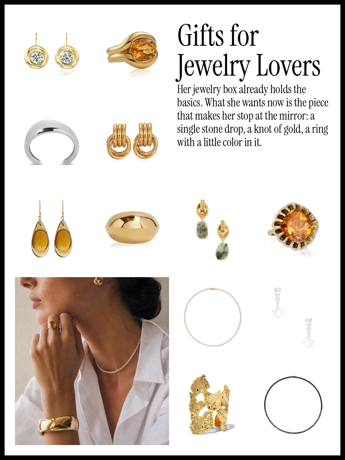 Collage of gifts for jewelry lovers: drop earrings, tennis necklaces, sculptural cuffs, knotted gold earrings and citrine rings