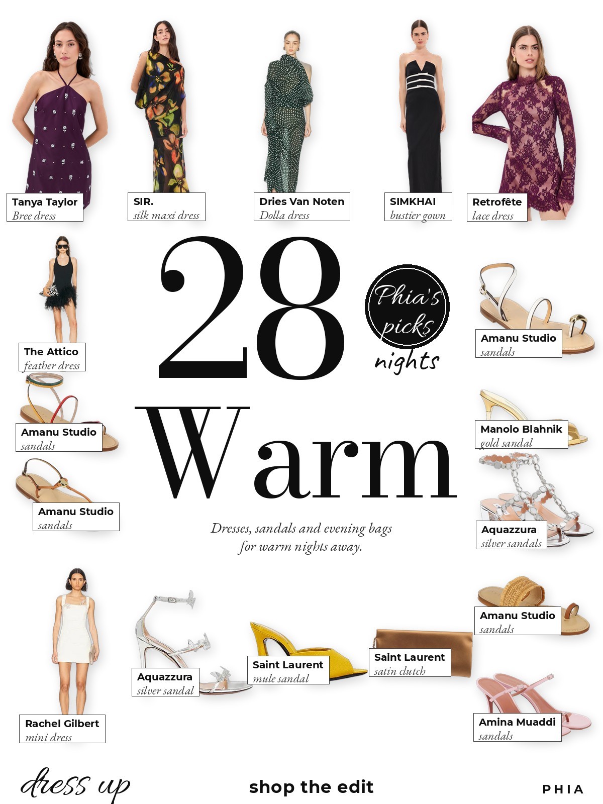 Evening Vacation Dresses And Sandals collage with picks from Amanu Studio, Aquazzura, Alaia and Manolo Blahnik