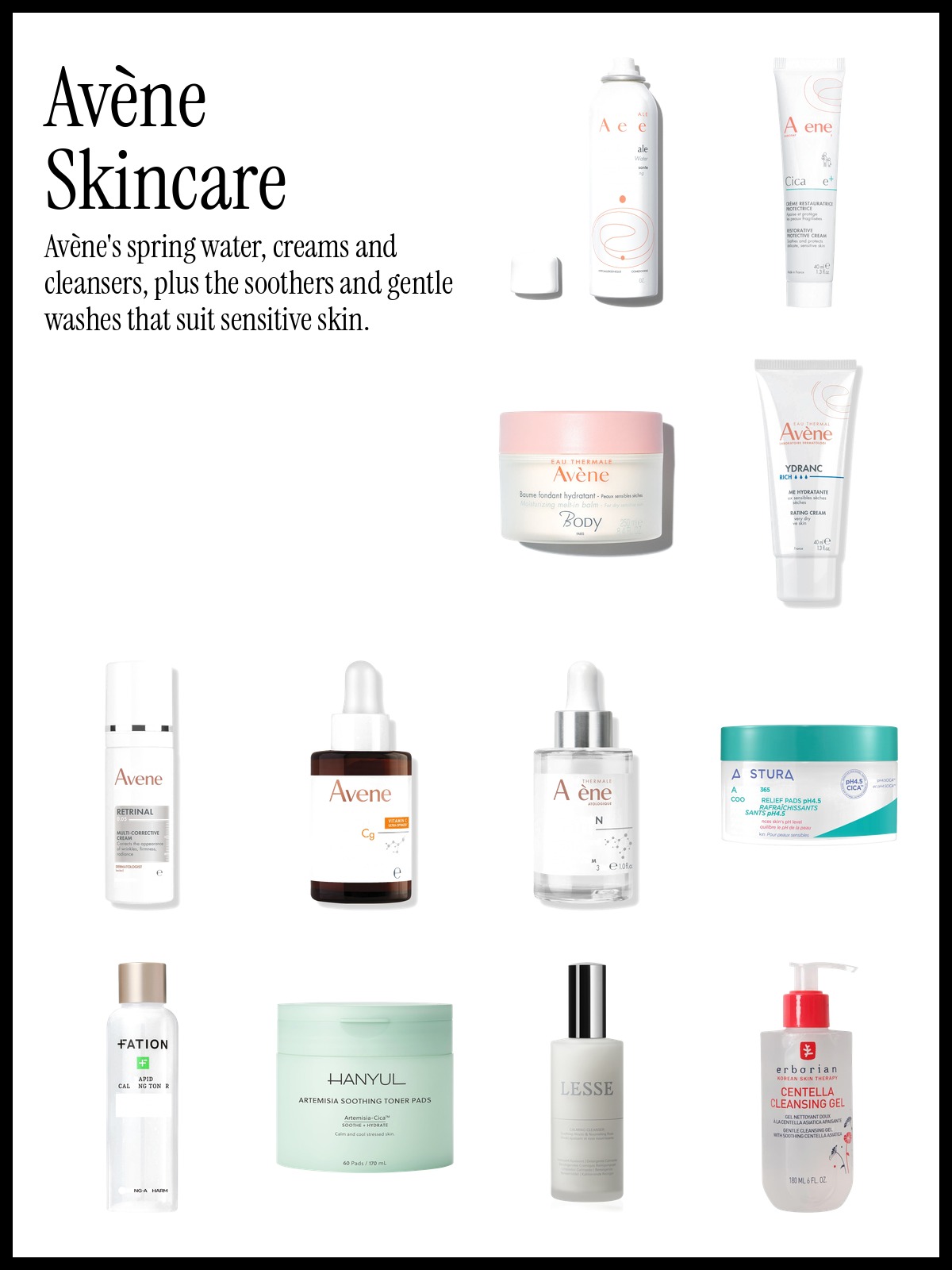 Collage of Eau Thermale Avène Thermal Spring Water, Cicalfate+ Restorative Protective Cream and Avène Retrinal 0.05% Multi-Corrective Cream