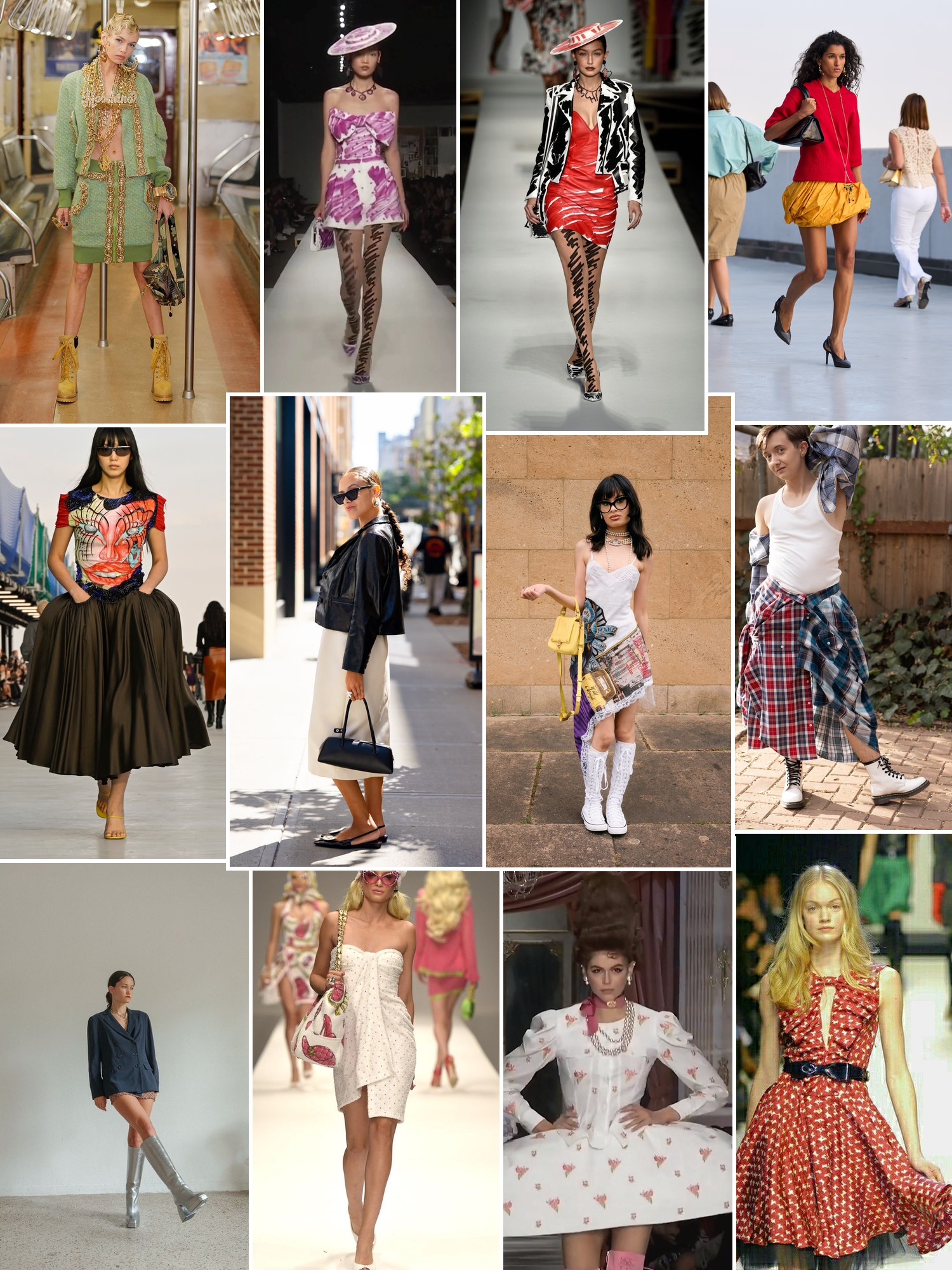 Collage of playful runway dresses, bright colors, graphic prints and eclectic street style.