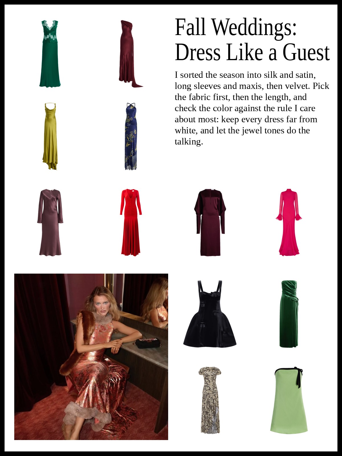 Collage of satin and silk maxis, long sleeve gowns and velvet dresses in jewel colors, with a mood photo of a guest in a rose metallic dress.