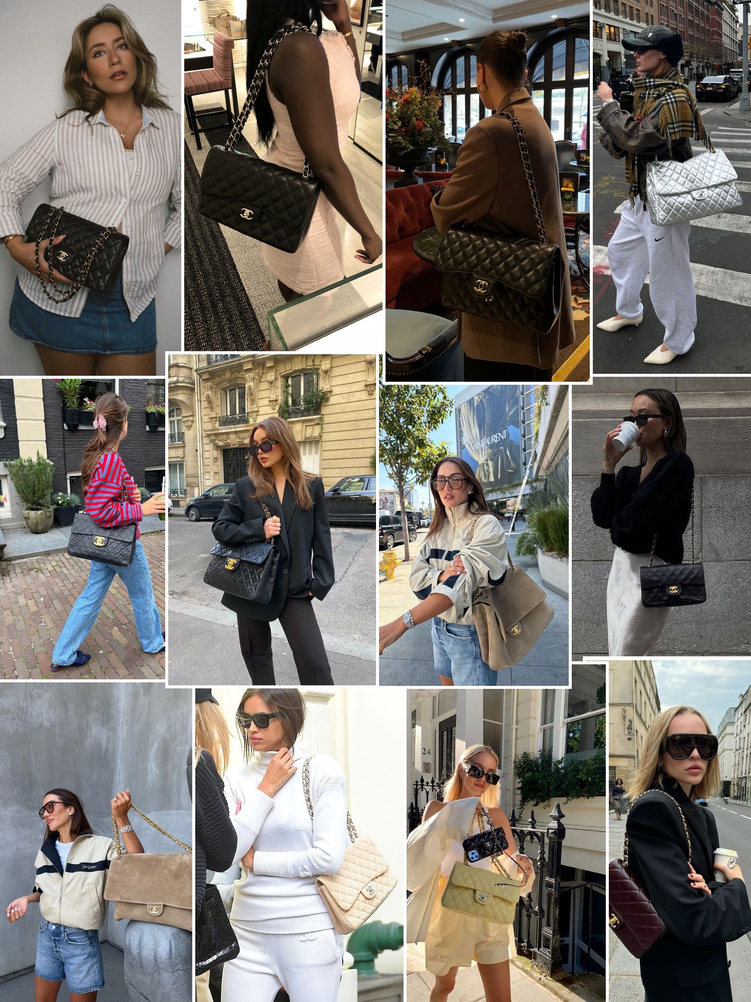 Collage of outfit photos styled with black, beige and red Chanel classic flap bags