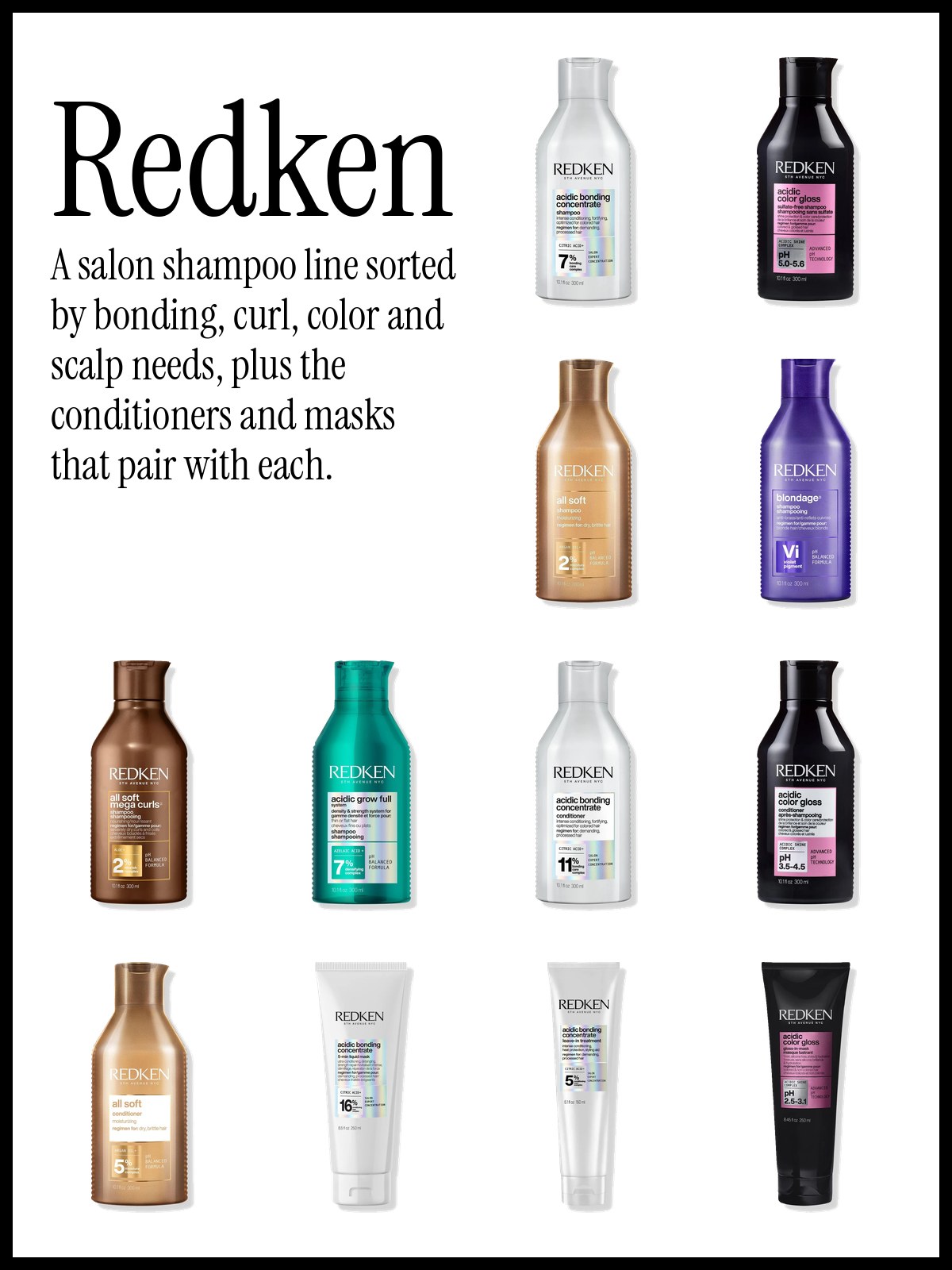 Collage of Redken shampoo and conditioner bottles from the Acidic Bonding Concentrate and All Soft lines
