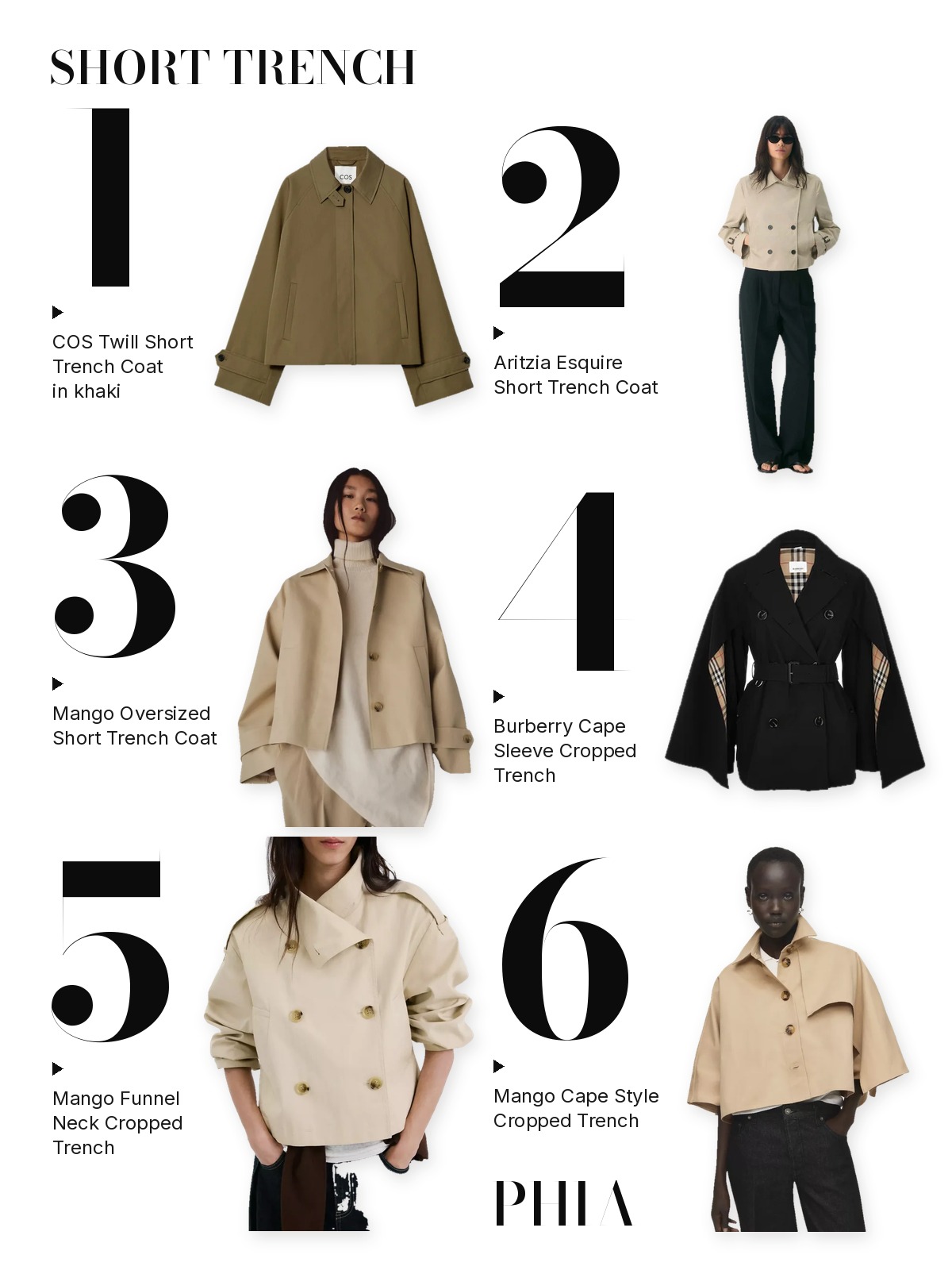 Numbered collage of six short trench from this edit: COS Twill Short Trench Coat in khaki, Aritzia Esquire Short Trench Coat, Mango Oversized Short Trench Coat, Burberry Cape Sleeve Cropped Trench, Mango Funnel Neck Cropped Trench and Mango Cape Style Cropped Trench.