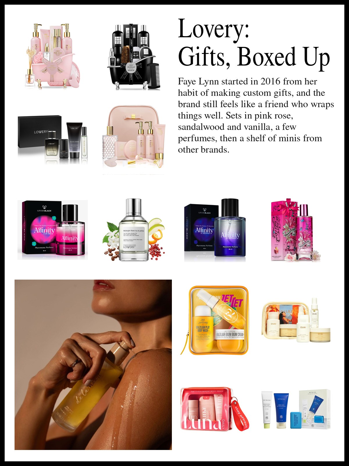 Collage of boxed spa gift sets, perfume bottles and mini body care kits beside a photo of a wrapped gift box with a satin ribbon, and a mood photo of a woman smoothing oil onto her shoulder.