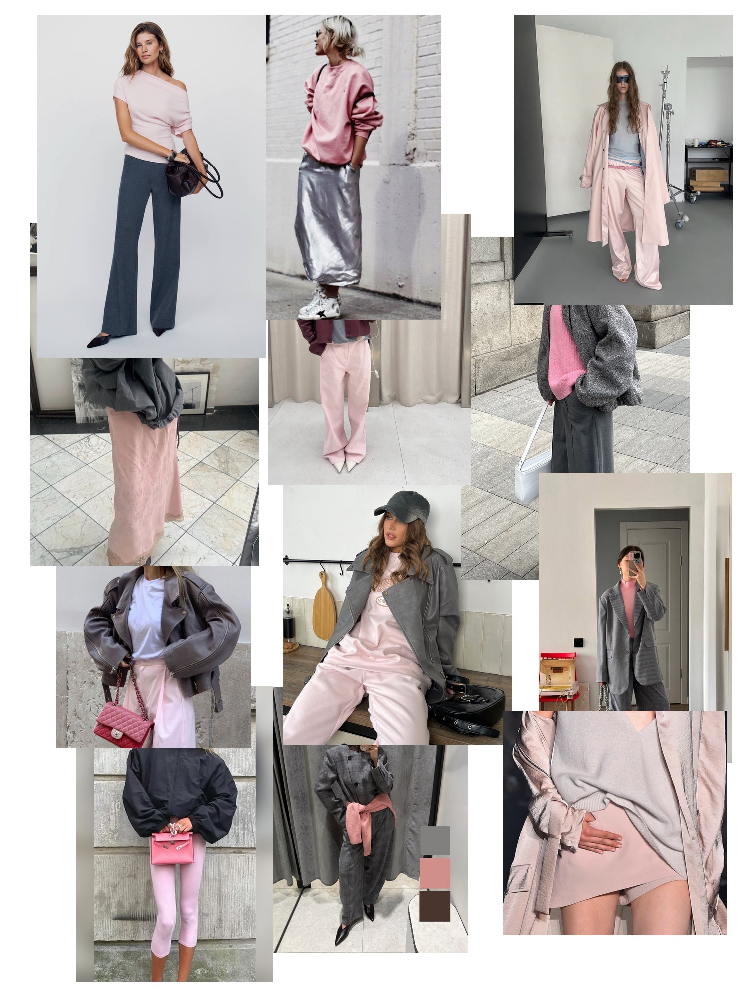 Collage of twelve street-style photos of women wearing pink and gray outfits, scattered and overlapping on white