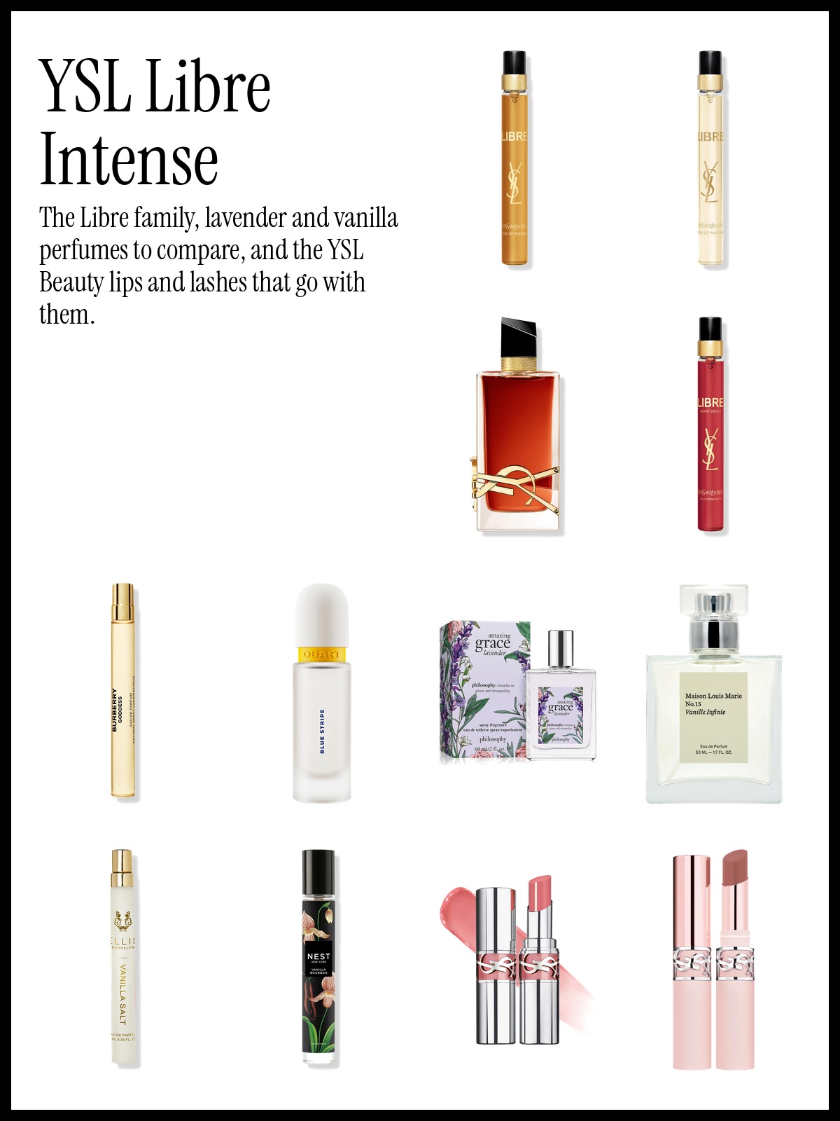 Collage of YSL Libre Eau de Parfum Intense, Burberry Goddess Eau de Parfum and Maison Louis Marie No. 15 Vanille Infinie